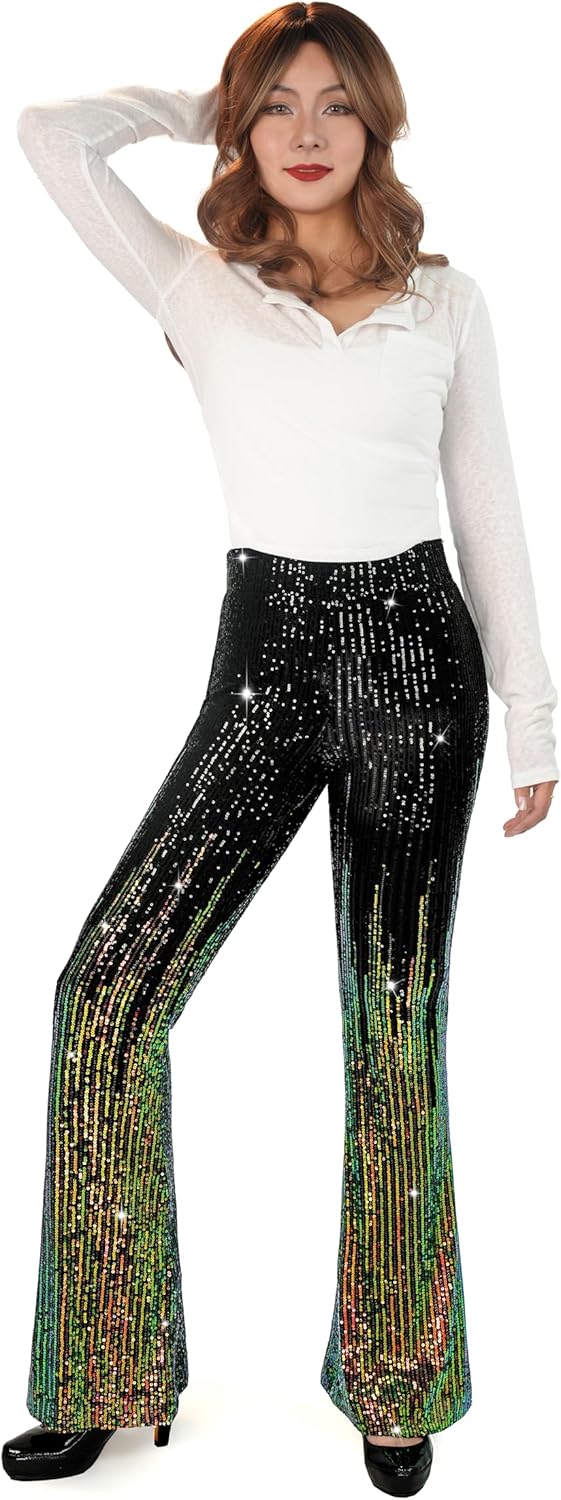 Nawgut Sequin Flare Pants Sparkly Glitter High Waisted Bell Bottom Trousers Disco Party Clubwear for Women - Image 3