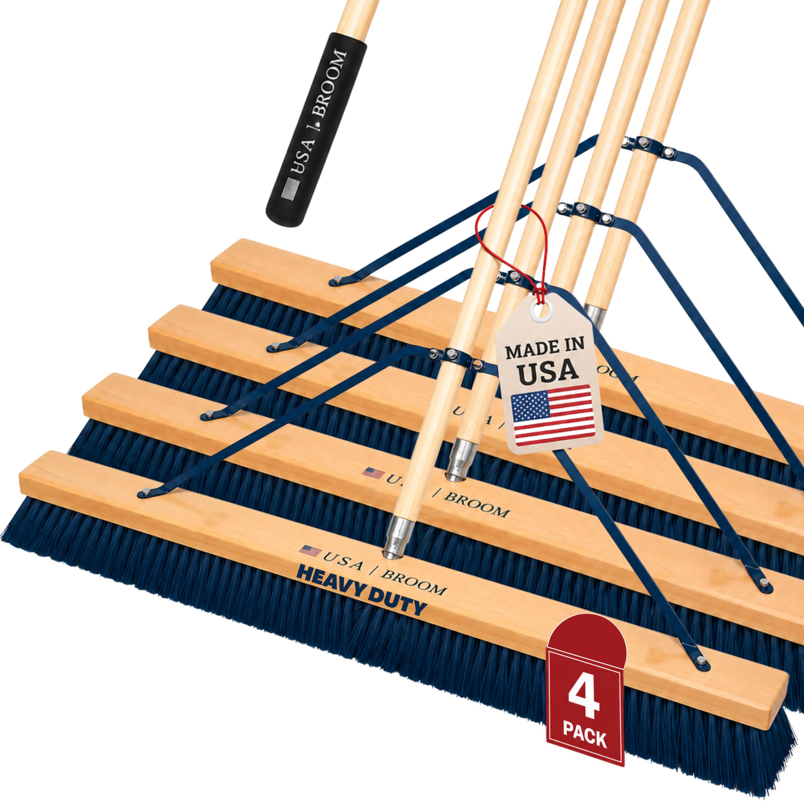 4-Pack - 36" Heavy Duty Outdoor Push Broom with 60" Handle. Ideal for Asphalt, Concrete &amp; Heavy Debris. Durable American Made Steel Brackets-Stainless Steel Hardware. No Plastic. 100% USA Made
