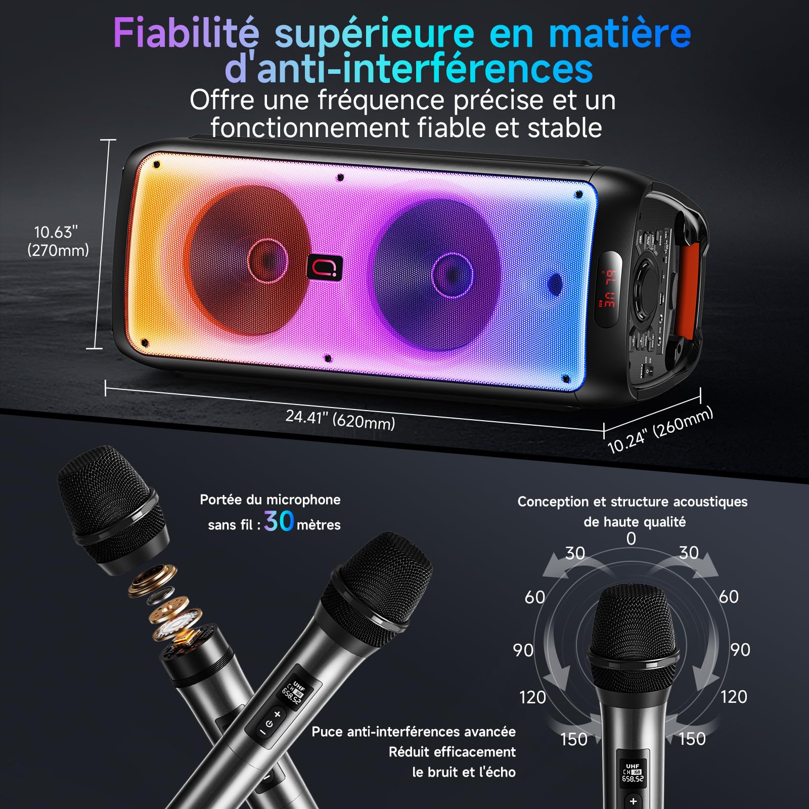 JYX Système Karaoke avec 2 Microphones sans Fil, Enceinte karaoké Professionnelle Portable Bluetooth avec Les lumières LED, idéale pour Les fêtes de Famille et Les Cadeaux, Support USB/TF/AUX/MIC/TWS