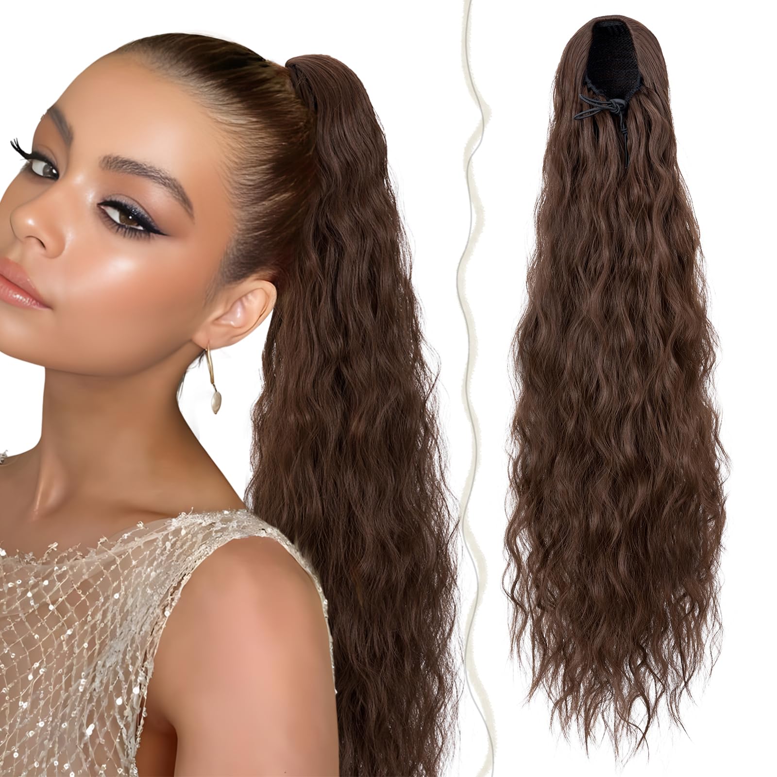 TESS 32 Inches Drawstring Ponytail Extension, Corn Curl Hair Pieces for Women 155g Curly Ponytail Extension, Chestnut Brown