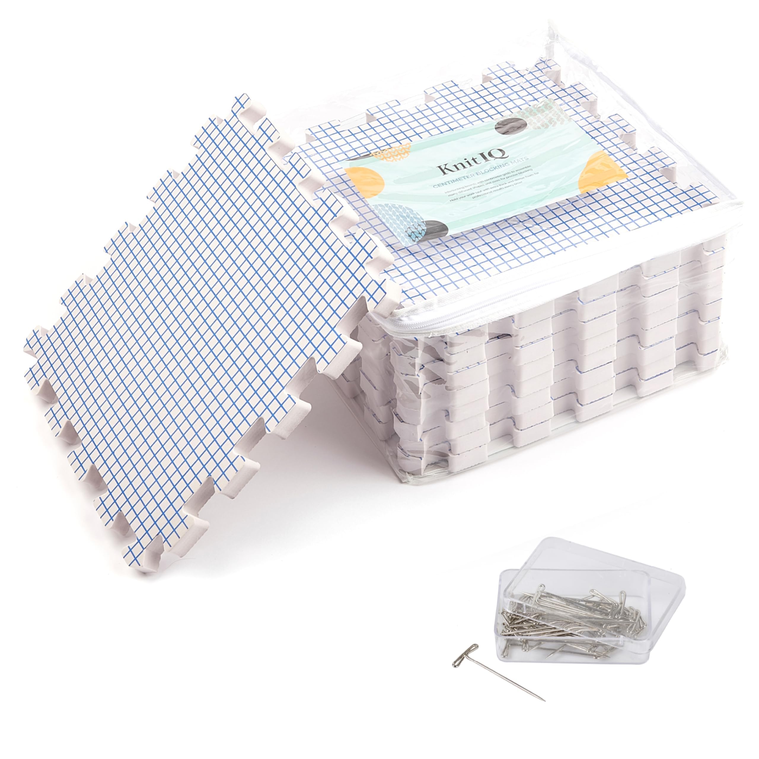 KnitIQ Crochet Blocking Board - Pack of 9 Interlocking Blocking Mats for Knitting and Crochet Accessories, 0.75 Inch Thick, 14 x 13 Inches - Includes 100 T-Pins and Storage Bag for Needlework