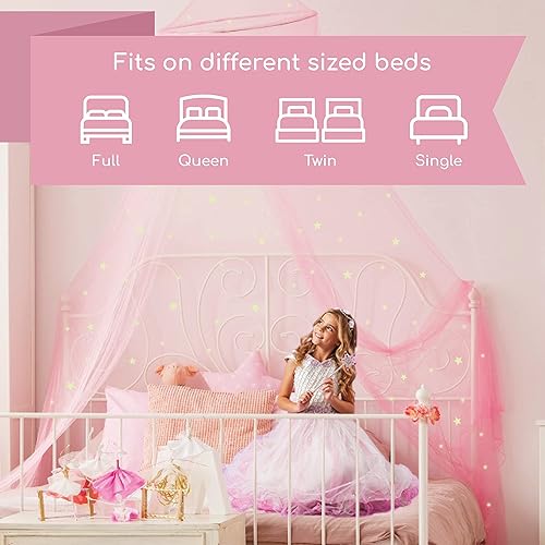 Miniatura 5 de Bollepo Toldo de cama blanco y rosa para niñas con estrellas brillantes – Decoración de habitación de red de cuna de princesa | Cortinas de cama