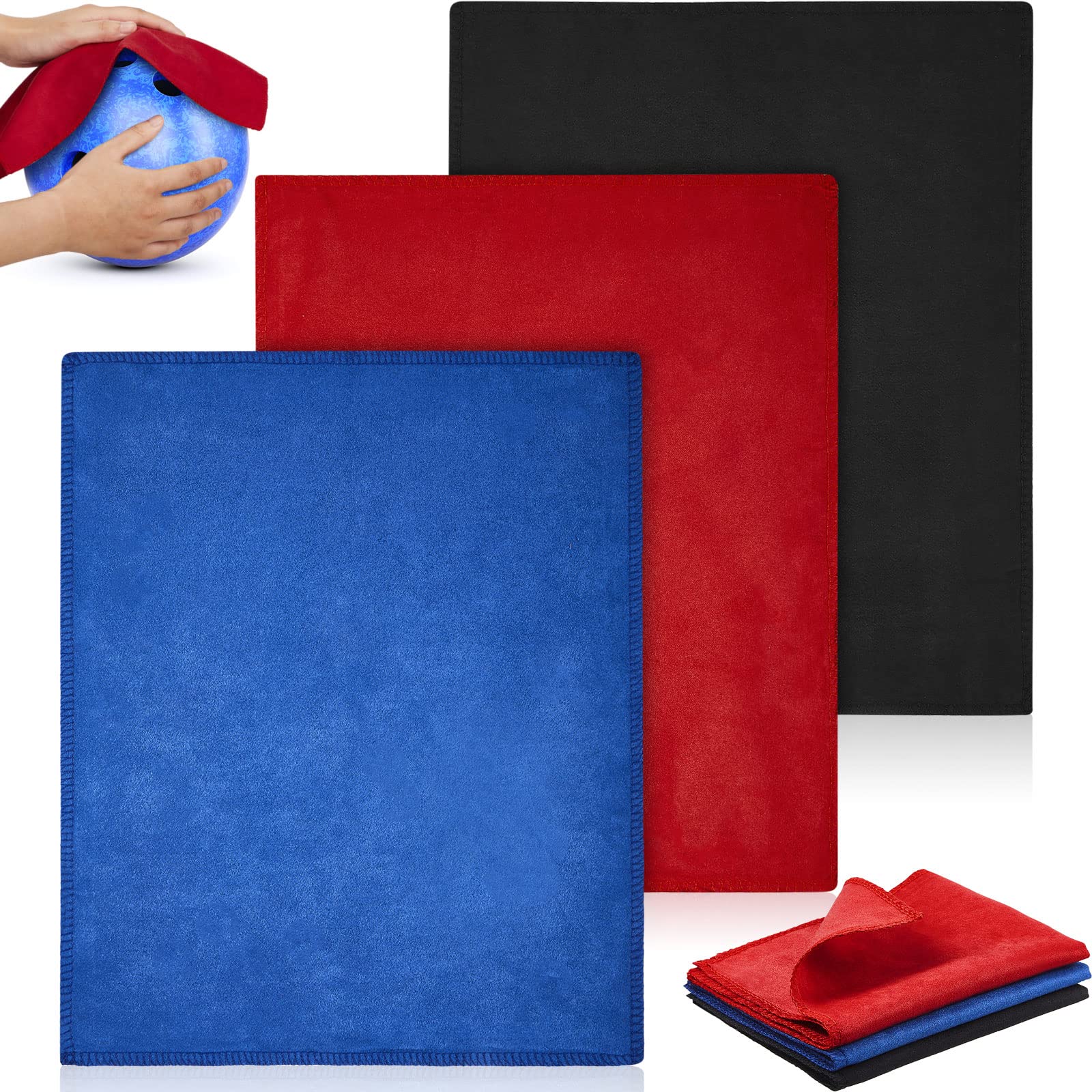 Patelai 3 Pcs Bowling Ball Shammy Towel Dual Sides Leather Bowling Towel Bowling Ball Towel Bowling Accessories Cleaning Pad for Bowling Ball (Royal Blue Red and Black,12 x 10 Inches)