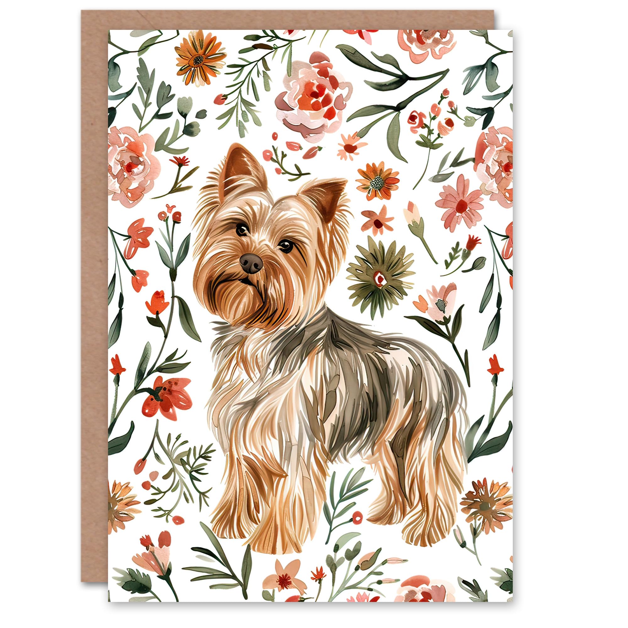 Artery8 Greeting Card Yorkshire Terrier Dog Lover Pink Floral Pattern For Her Woman Birthday Card