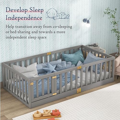 Miniatura 81 de Tatub Cama Montessori de suelo individual con rieles altos, marco de cama Montessori de madera maciza para niños, la entrada se puede instalar a