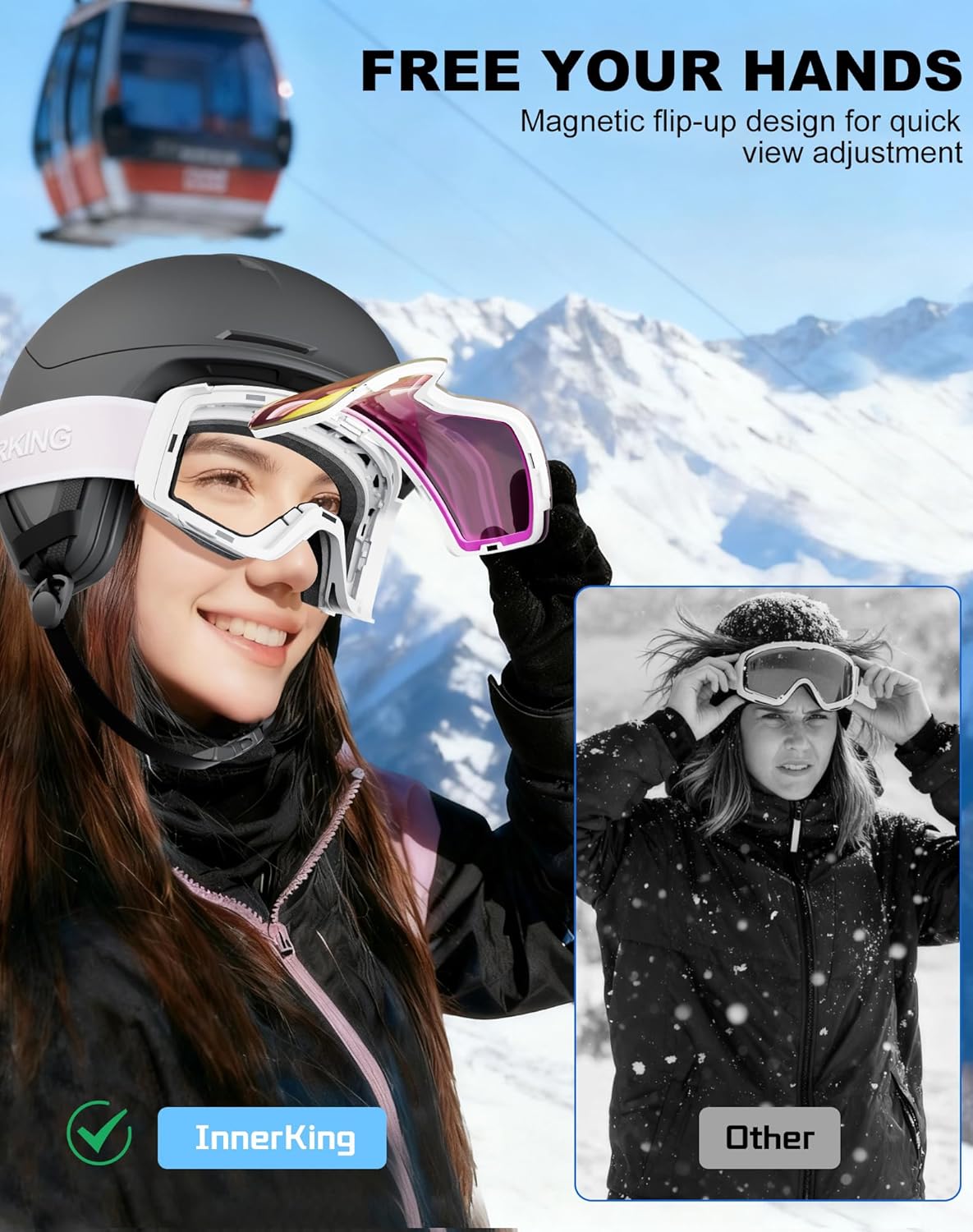 Innerking Photochromic Ski Goggles, Magnetic Flip-Up Snowboard Goggles, OTG Anti-Fog Lens, UV400 Protection Snow Goggles - Image 7