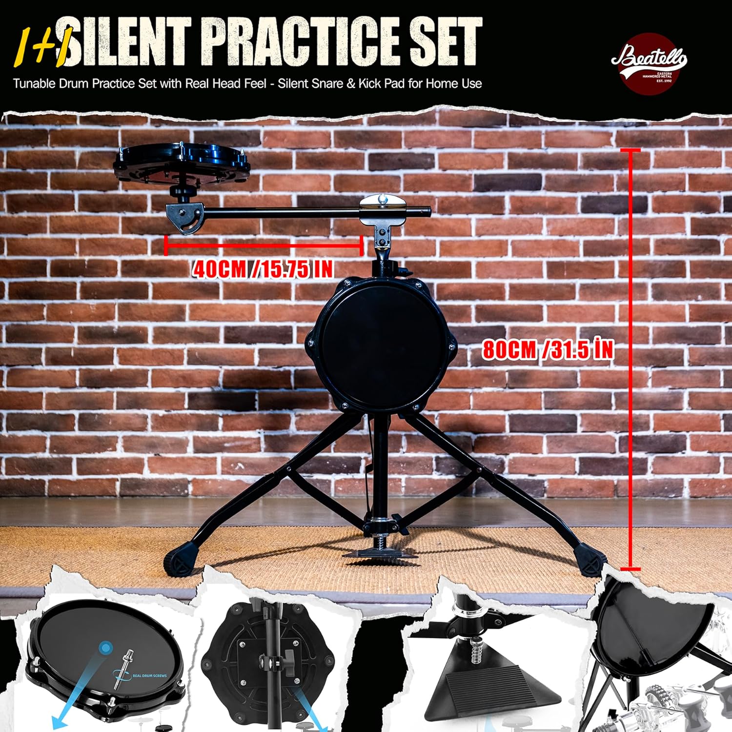 2-Piece Drum Practice Pad Set, 8" Snare & 8" Bass Drum Pad with Stand, Real Drum Hoop & Adjustable Head, 360° Rotating Telescopic Stand, Black