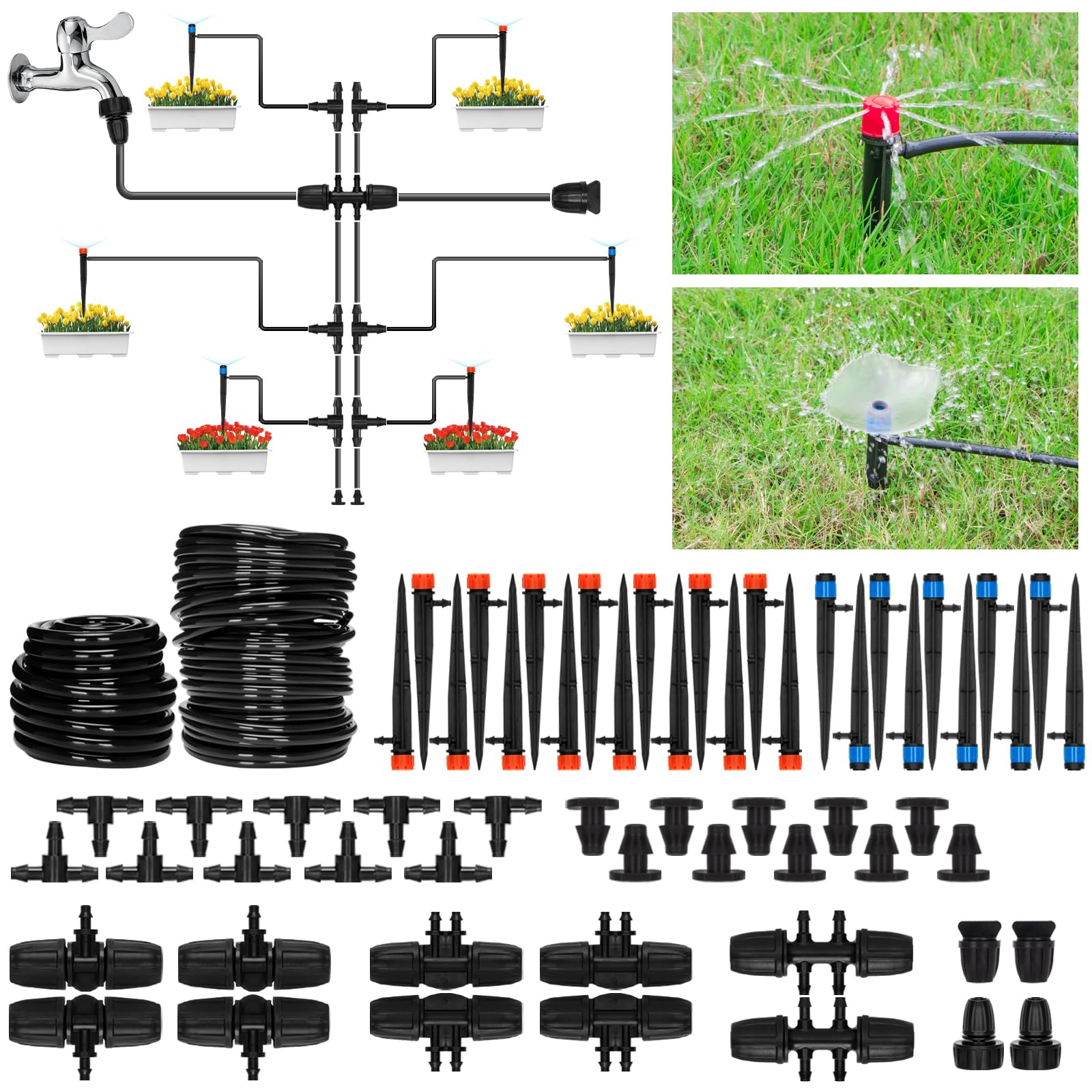 Drip Irrigation System：83FT Adjustable Irrigation Watering System for Garden Bed Greenhouse-Complete Drip Irrigation Kit with Mainline 1/4" Distribution Tubing Drip Emitters and Connectors