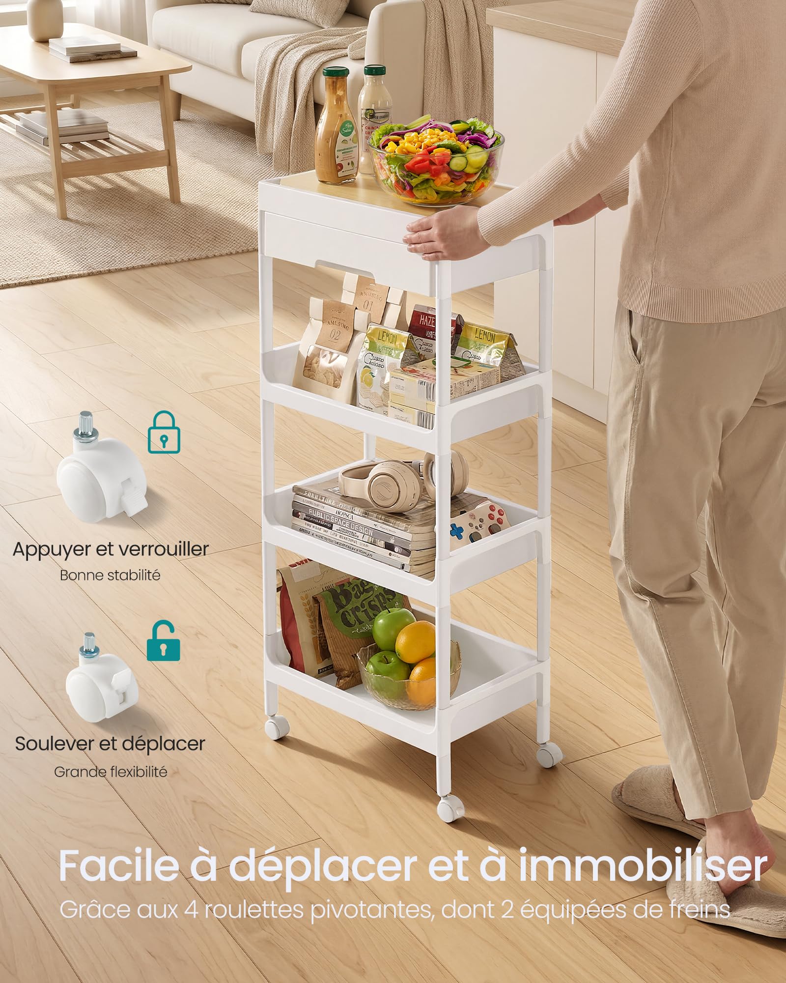 SONGMICS Chariot de Rangement, 4 Niveaux, Desserte sur roulettes, Étagère, avec Plateau Amovible et Tiroir, en Plastique, Montage Facile, Cuisine, Blanc et Doré Chêne BSC070W101