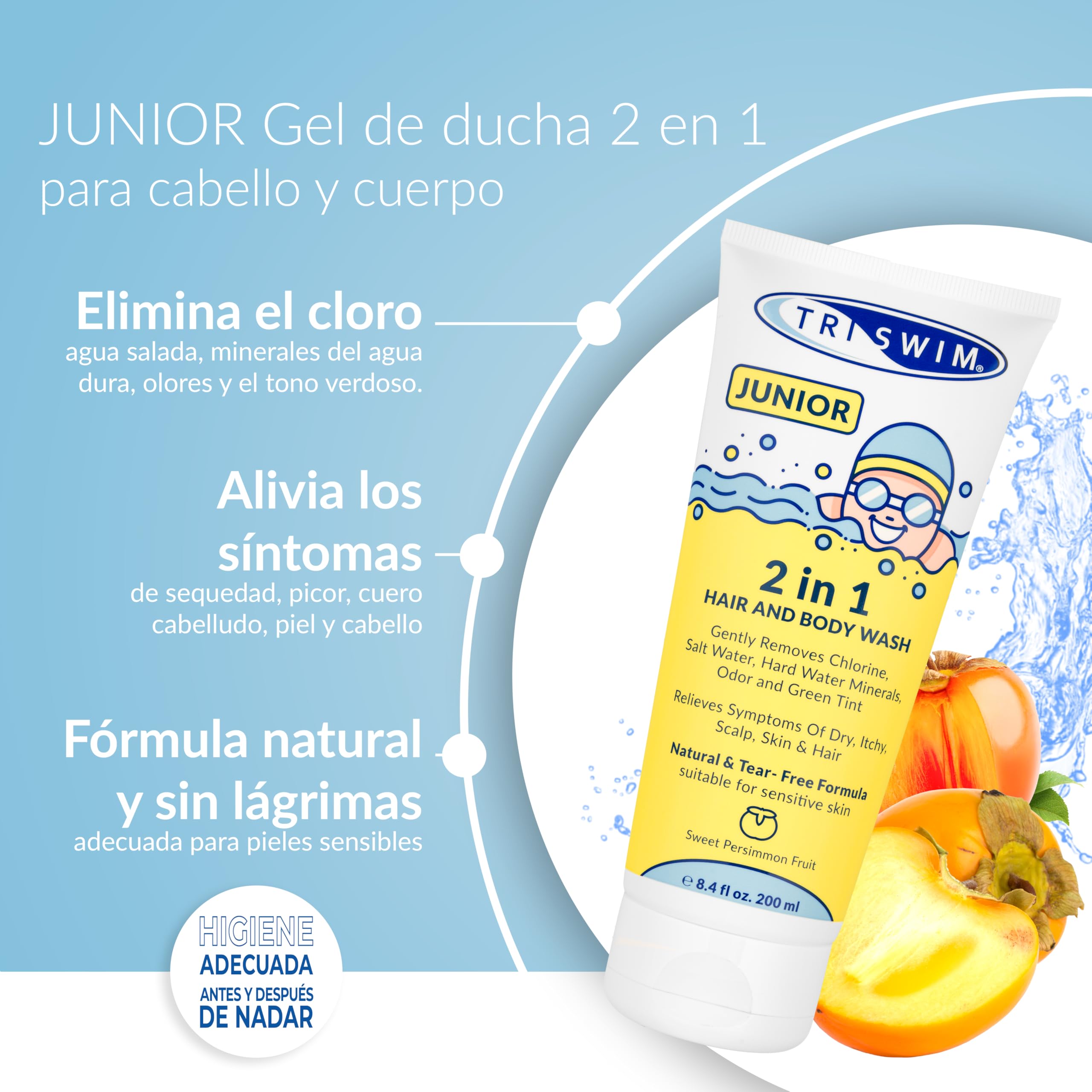 TRISWIM - Junior Gel de Baño y Champú Anticloro Después de la Natación para Niños, Elimina Suavemente el Olor a Cloro y Piscina, la Fórmula Natural Previene la Picazón en la Piel - 200 ml