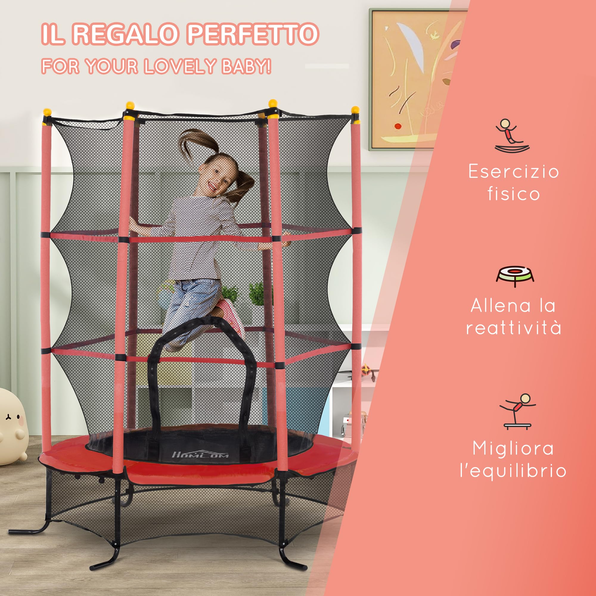 HOMCOM Trampolino Elastico per Bambini con Rete di Sicurezza, Tappeto Elastico con Pali Imbottiti per Interno ed Esterno, Età 3-10 Anni, Ø163x163/190 cm