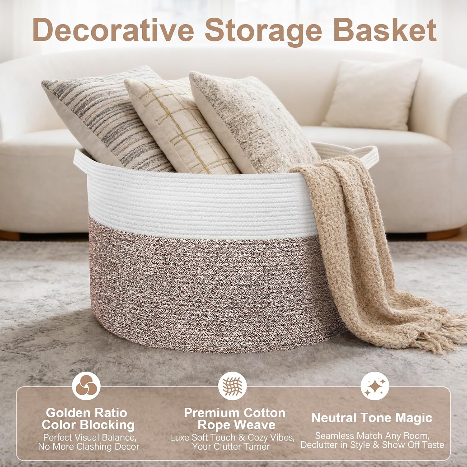 90L Extra Large Blanket Basket for Living Room - Cotton Rope Laundry Hamper Woven Baskets XXL Storage Bin with Handles for Dirty Clothes, Kids, Pets, Toys, Bedroom, 23'' x 23'' x 13'', White & Brown