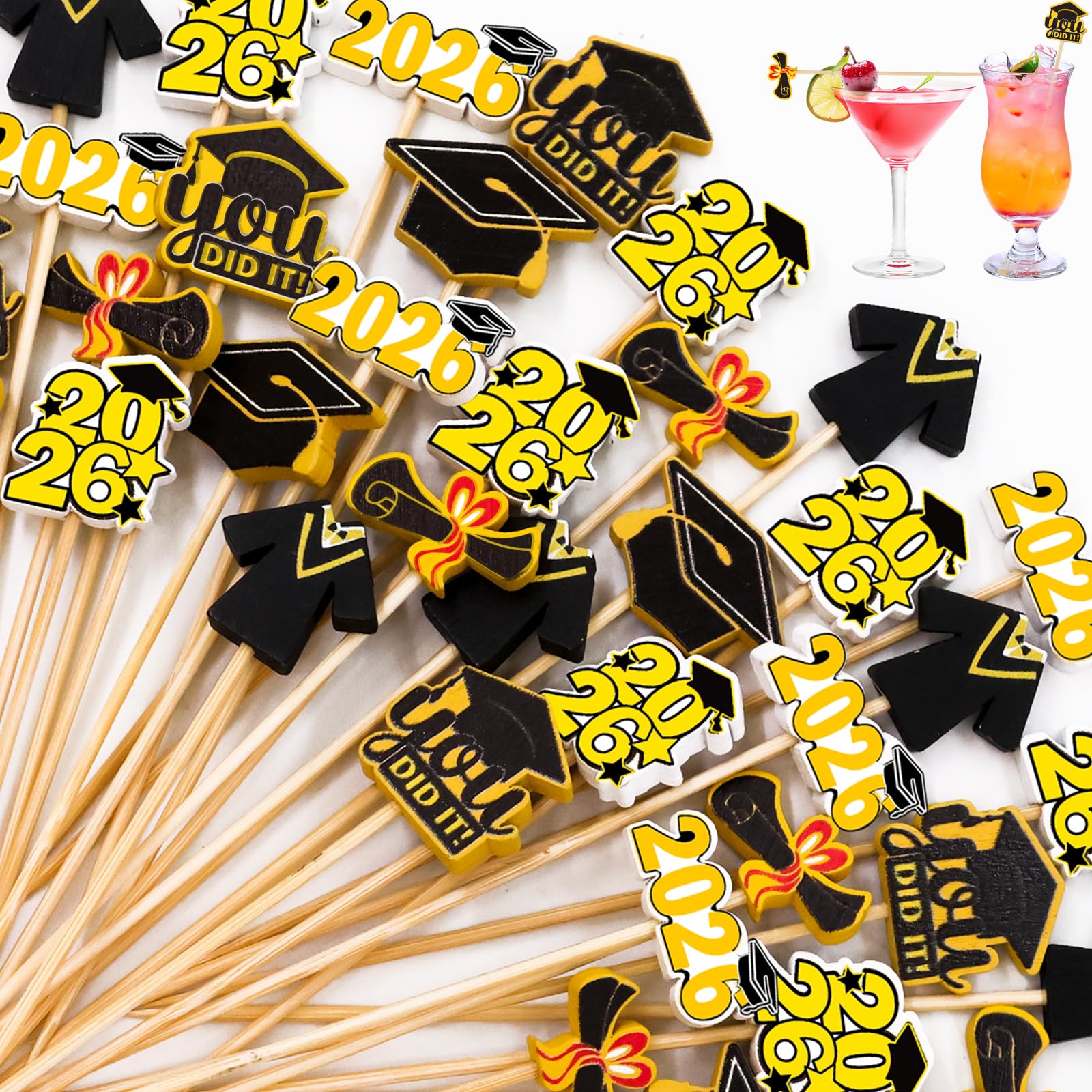 Photo 1 of WorldBazaar 120PCS Graduation Cocktail Picks 2026 Class of 2026 Graduation Toothpicks Picks For Appetizers 5 Inch Food Fruit Sticks Bachelor Hat Grad Party Decorations