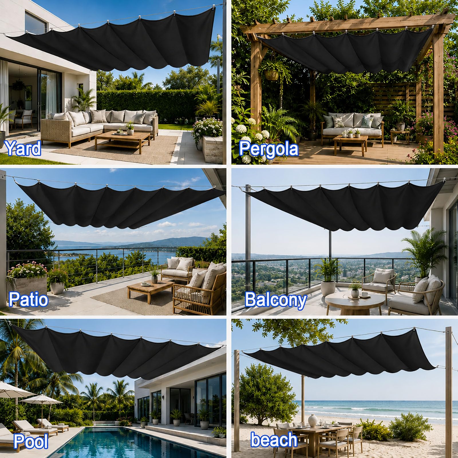 Einziehbares Sonnensegel 1.5 x 2.75 m PES Markisenstoff Sonnenschutz Wasserdicht Stabil Windabweisend Segel Schattiernetz für Balkon Terrasse Garten, Schwarz