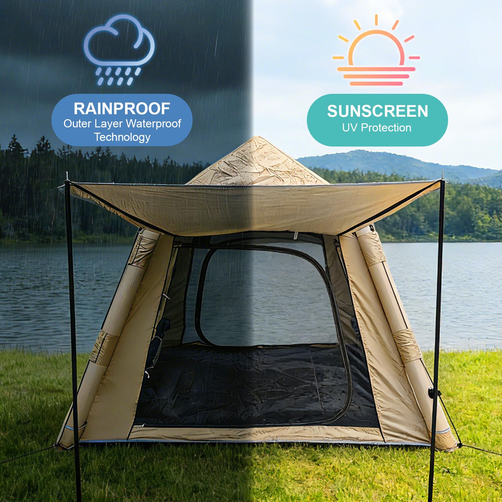 Tenda Gonfiabile da Campeggio 2 Posti 4 Stagioni – Tenda Campeggio Gonfiabile con Pompa, 90 secondi Montaggio Rapido, Impermeabile Antivento, Tenda per Famiglia Festival, Attività all'aperto, Trekking