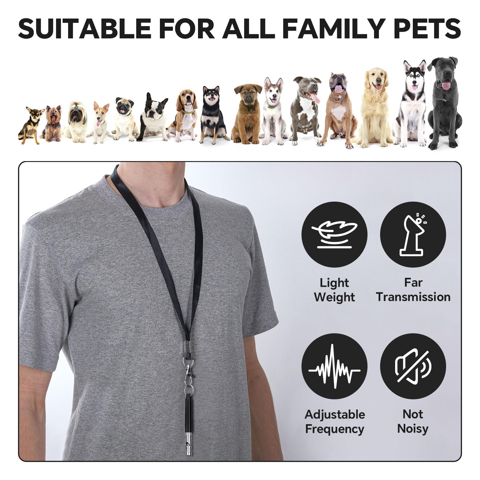 DIZU Dog Whistle, Dog Training Whistle with Lanyard, 2 Pcs Adjustable Ultrasonic Silent Dog Recall Whistles, Professional Dog Whistle to Stop Barking Neighbors Dog (White and Black)