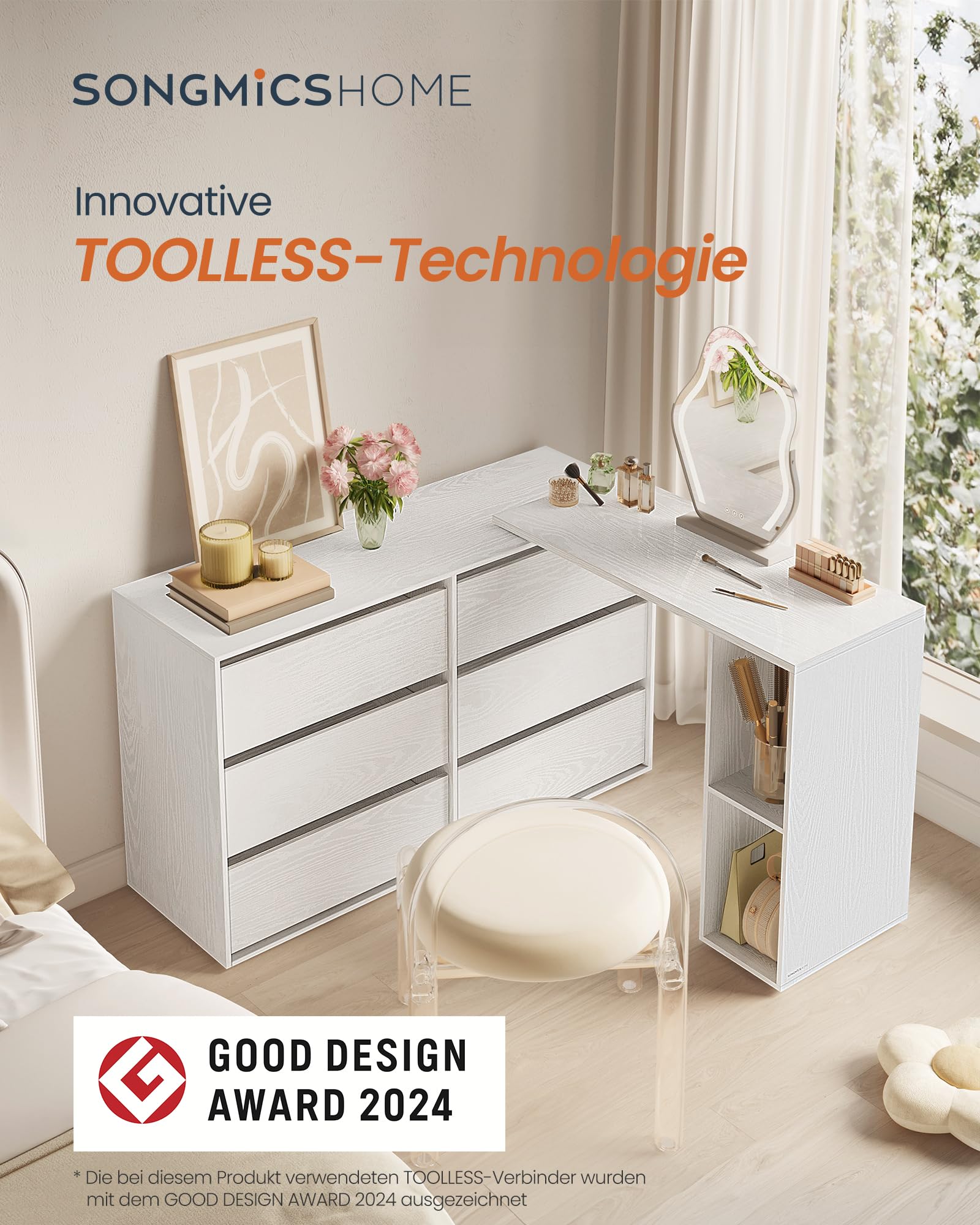 SONGMICS HOME Schminktisch, superschnelle werkzeuglose Montage, Toolless-Technologie, Kommode mit Regal, Schrank, nebeneinander oder L-förmig, für Schlafzimmer, Arbeitszimmer, schneeweiß LTS656W01