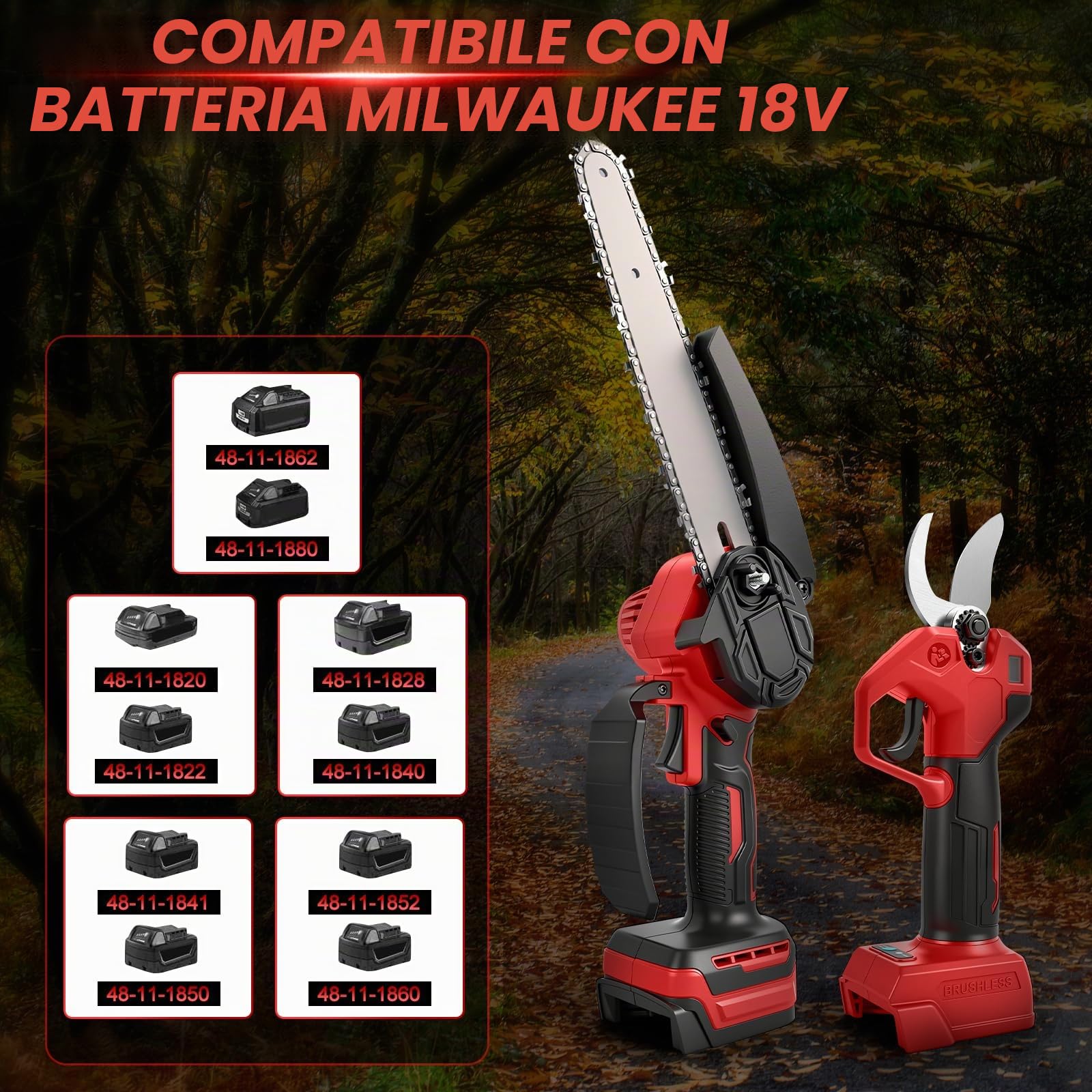 Mini motosega da 8 pollici con asta telescopica e cesoie elettriche da 28 mm, set di attrezzi da giardino 4 in 1, compatibile con batteria Milwaukee da 18 V, portata massima fino a 4 m (senza batteria