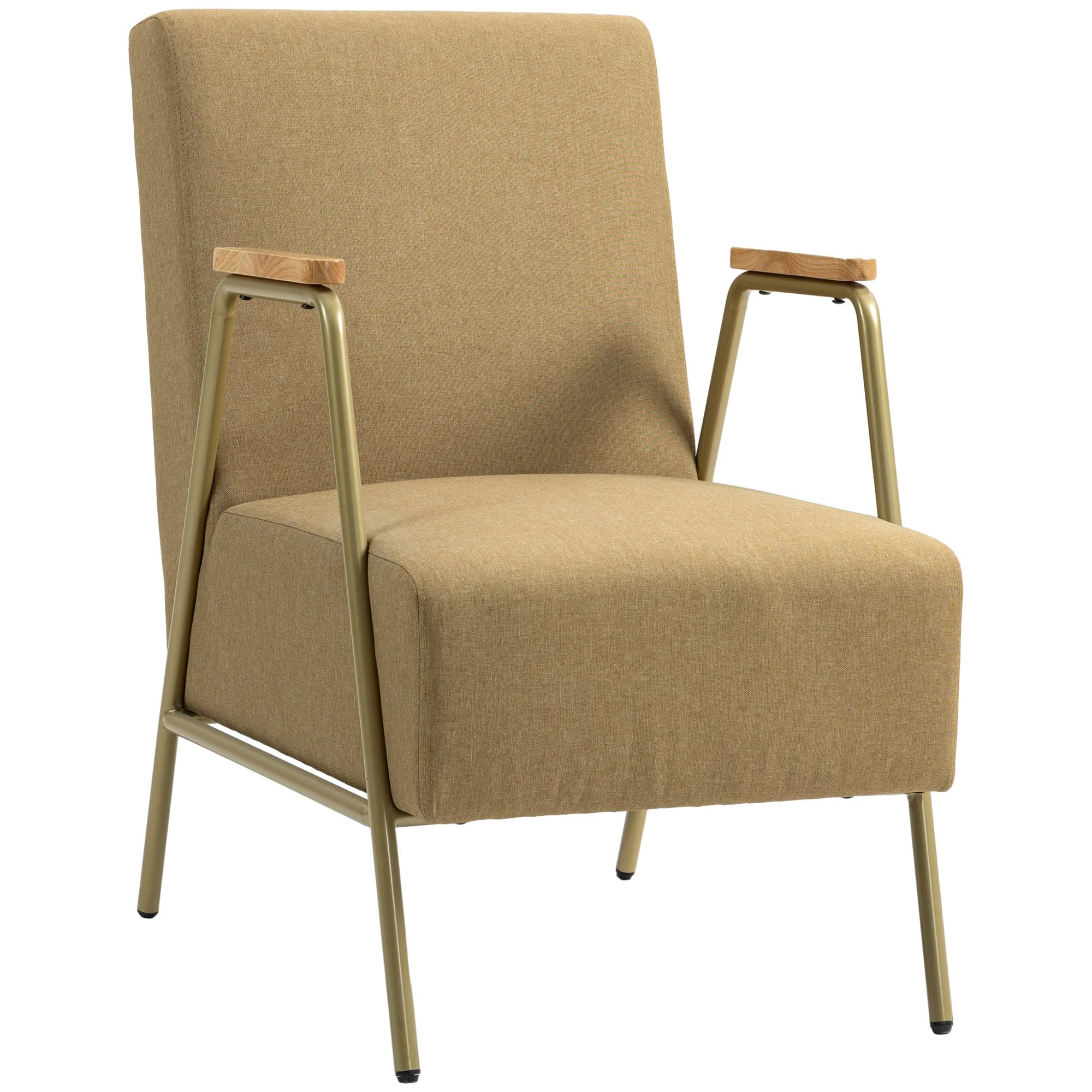 HOMCOM Butaca de Dormitorio Sillón Individual con Reposabrazos Marco de Acero Dorado Estilo Moderno para Salón Marrón Claro