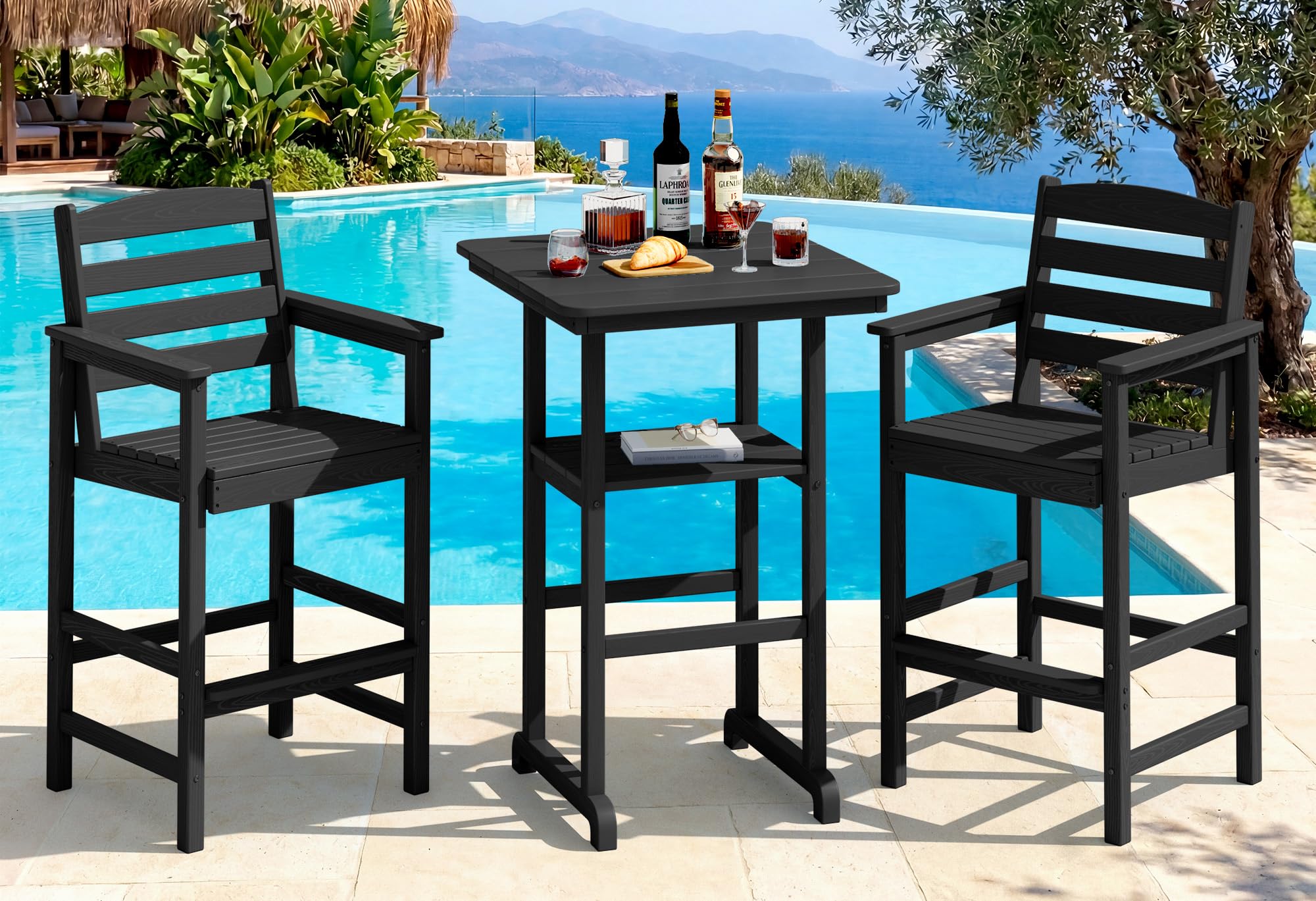 SERWALL 3 Pcs HDPE Bar Height Chairs and Double Layer Pub Table Set, Black