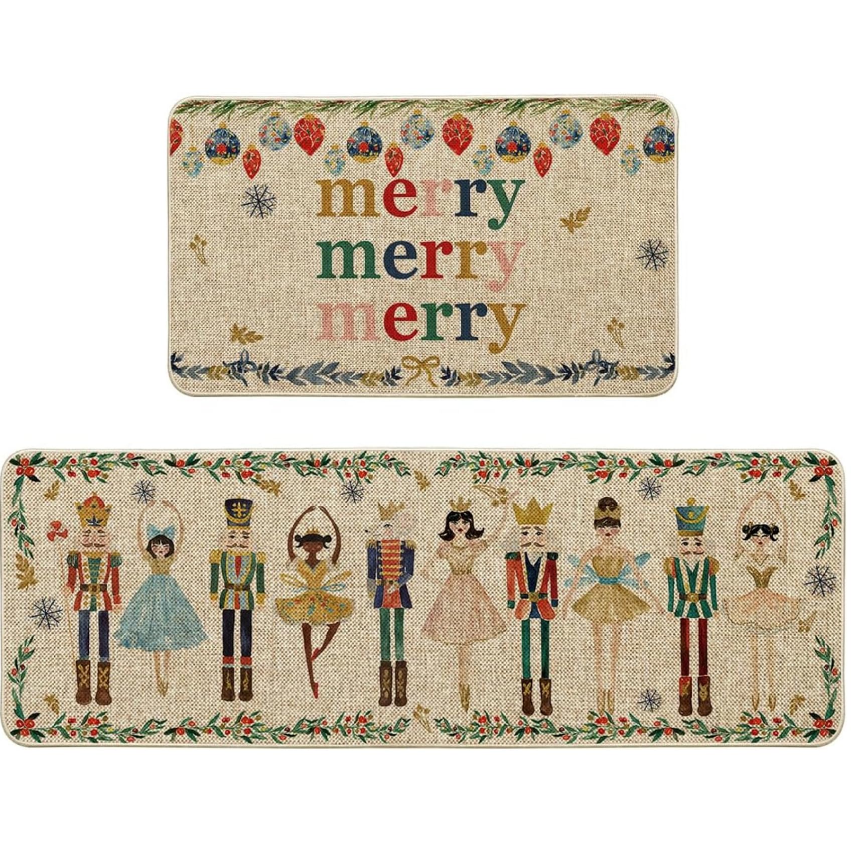 Alfombras de cocina de Navidad juegos de 2 Cascanueces y Feliz Navidad Mat de cocina Soft Máquina sin deslizamiento Alfombra de Navidad lavable para cocina, puerta, pasillo, 18x29.5in + 18x47 pulgada