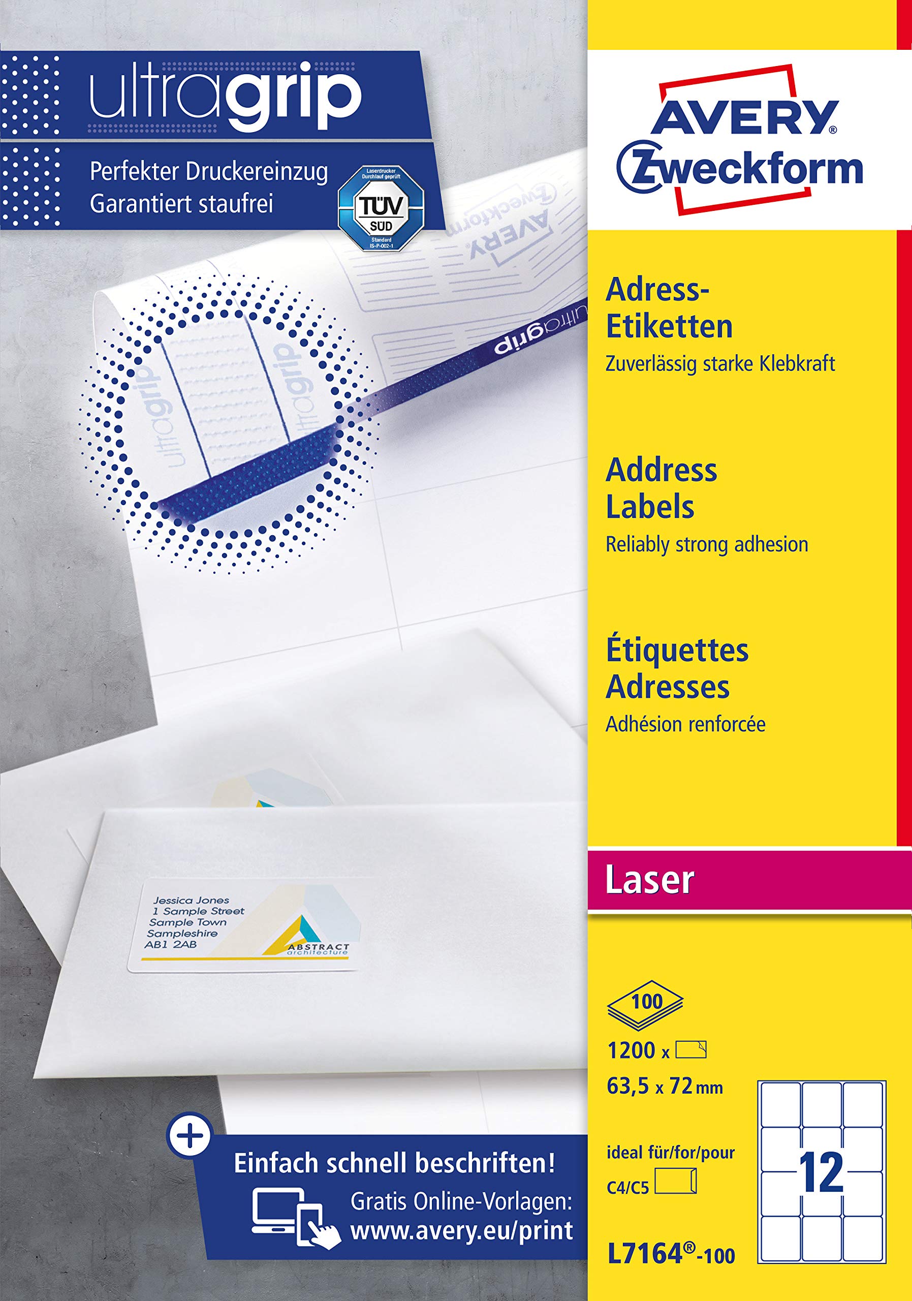 Avery zweckform l 7164–100, d'étiquettes 63,5 x 72 mm, 100 feuilles/1200 étiquettes blanc