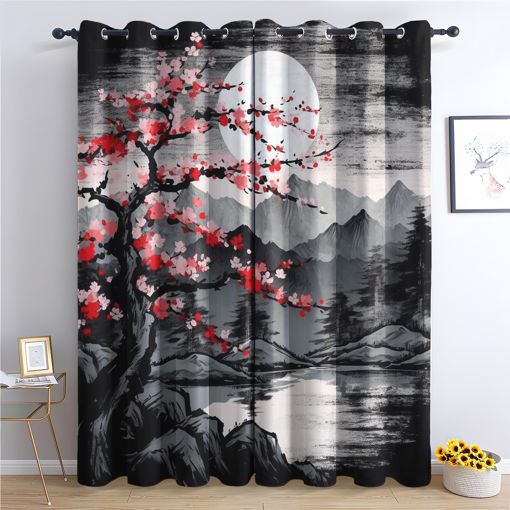 Rideau Occultant, Motif Japonais - Rideaux Thermiques Imprimé pour Salon Chambre Fenetre, Lot de 2 Rideaux et Draperies Intérieurs à Oeillets, 140x240 cm (L x H)