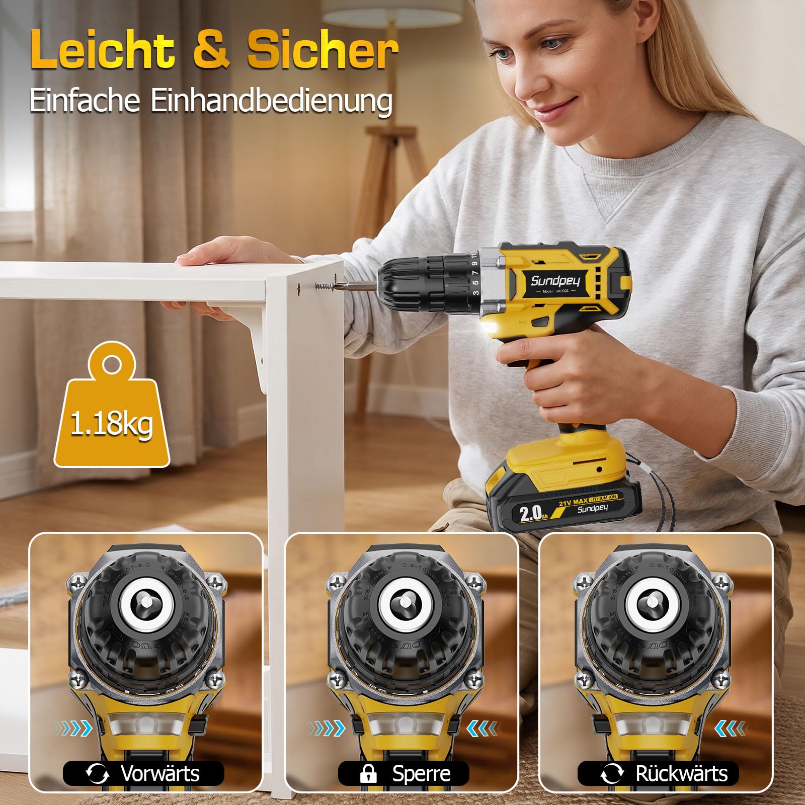 Destornillador inalámbrico con batería de 2000 mAh, 21 V, 45 Nm, taladro inalámbrico con 2 marchas, 25 + 1 niveles de par de giro, portabrocas de 10 mm, luz LED para reparación y bricolaje