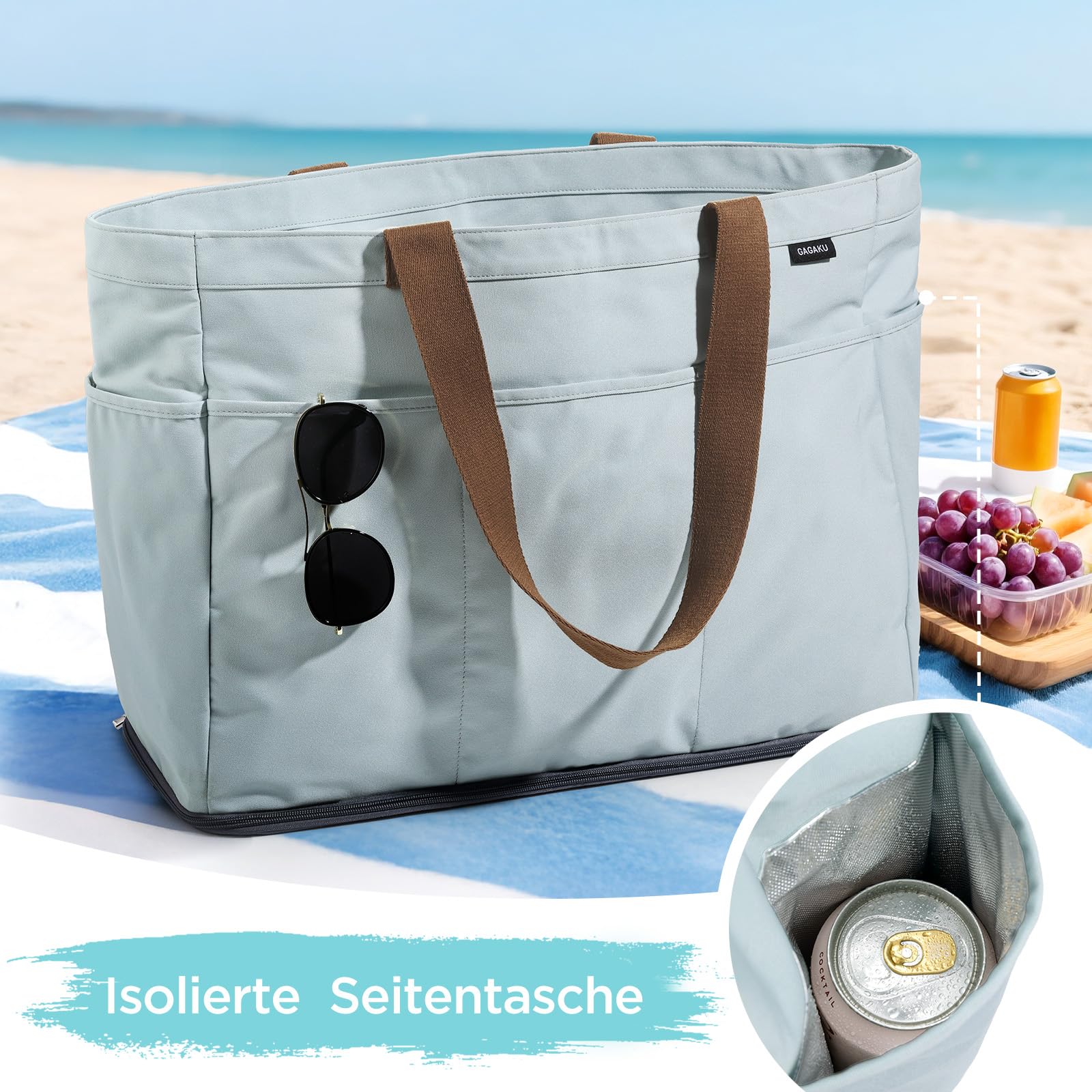 GAGAKU Strandtasche XXL mit Kühlfach, Wasserfest Beach Bag mit Reißverschluss, Faltbar, 50x38x19cm