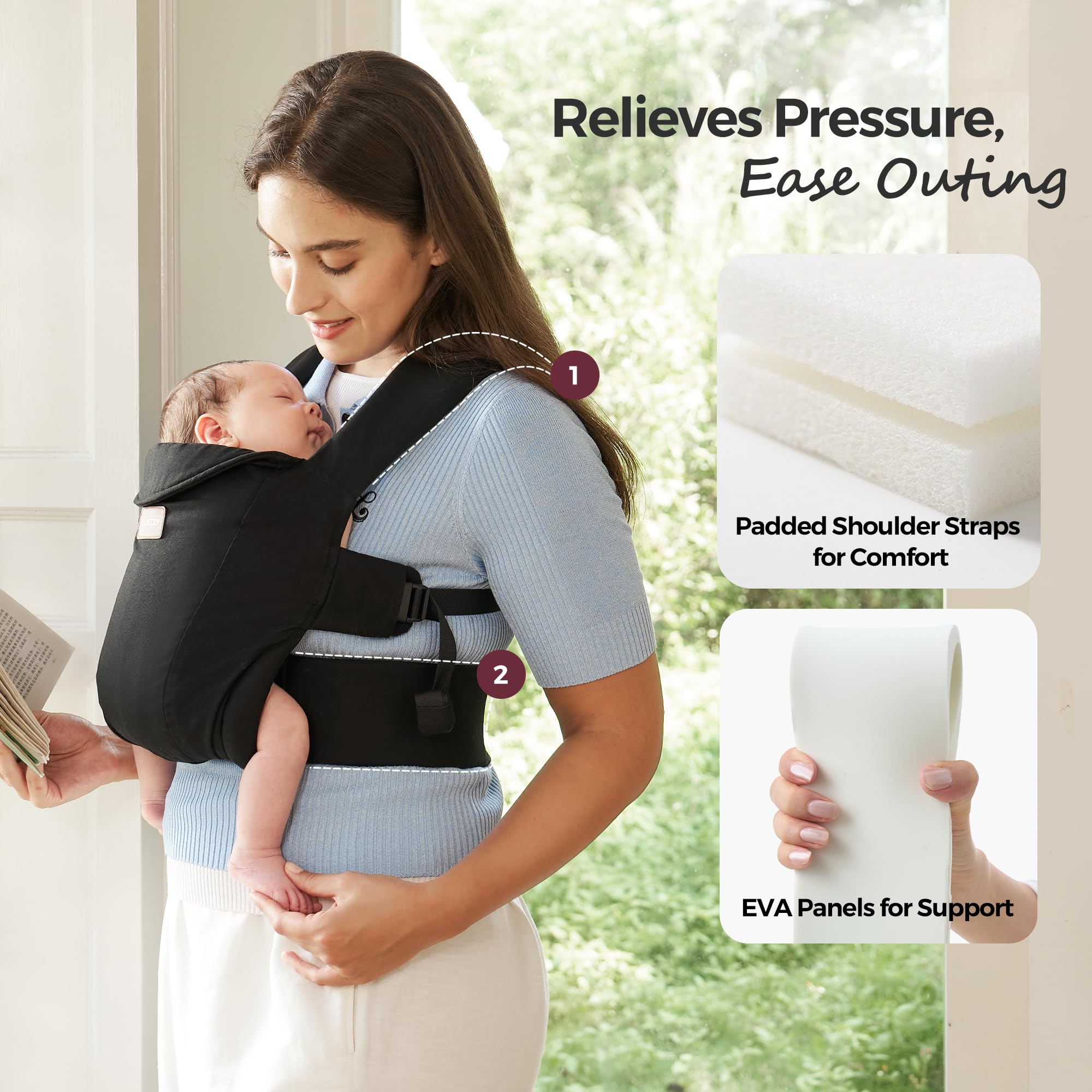 Momcozy Newborn Carrier WeeSnug- Lightweight and Cozy Comfort for 3.2-11.3kg, Ergonomic Cross-Back Support, Effortless to Put On, Hands-Free Baby Carrier with Lumbar Support, Black — view 6