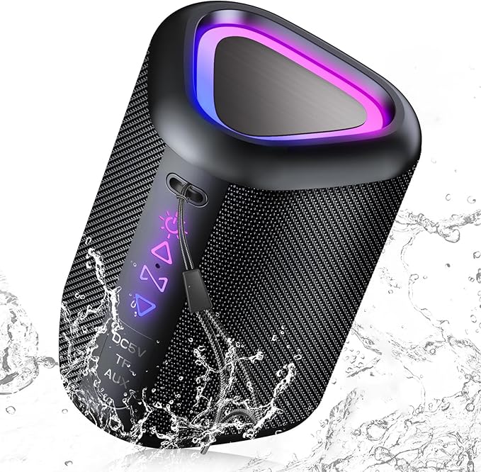 Altavoz Bluetooth Portátil Potente Inalámbrico con Luz LED, Bluetooth 5.4, 24 Horas, Graves Mejorados, 360° Sonido Estéreo, Impermeable IPX7, Speaker de Exterior para Viajes/Deportes/Fiestas/Ciclismo