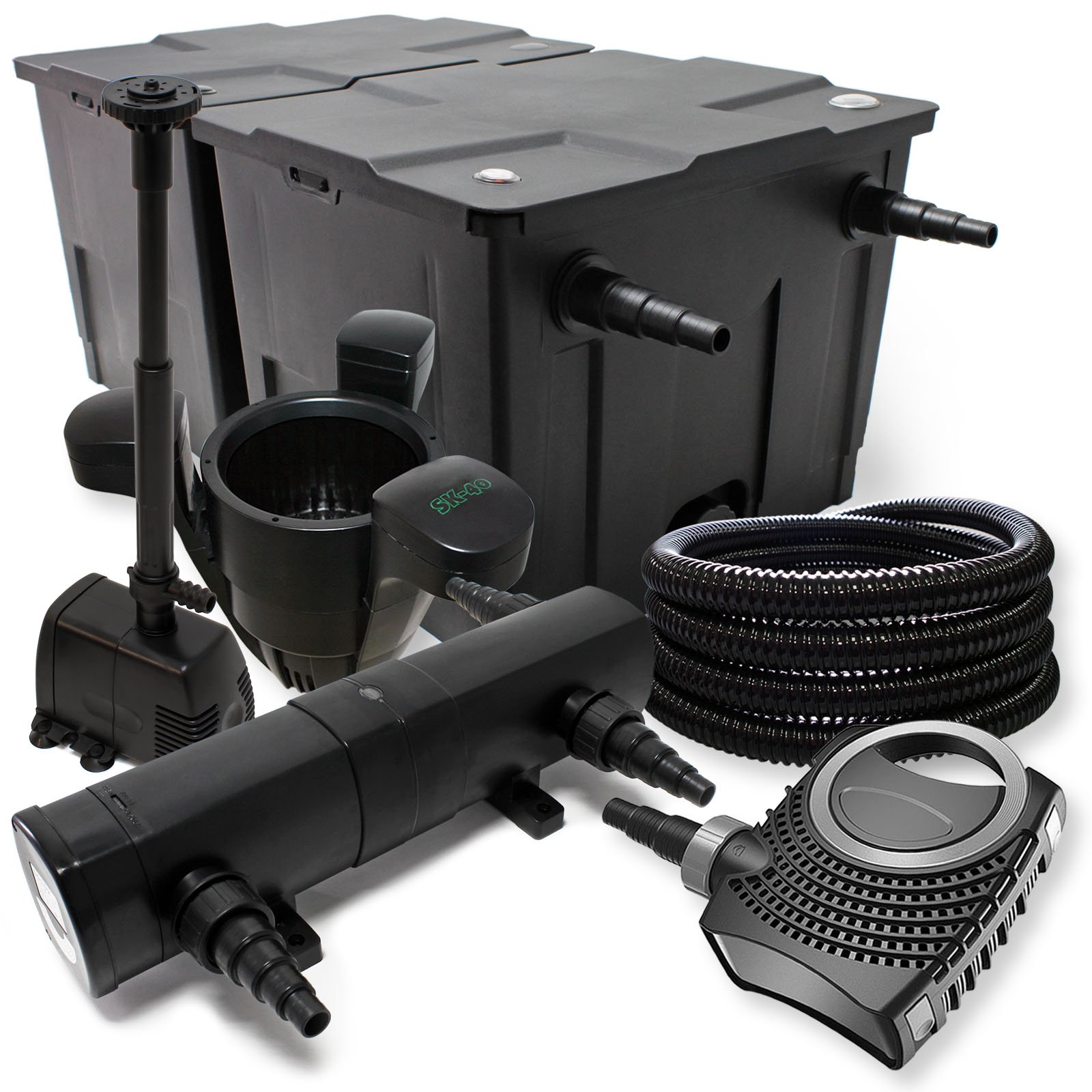 Set filtrante per laghetto da 60.000l con Chiarificatore 24W Pompa 80W Tubo 25m Skimmer
