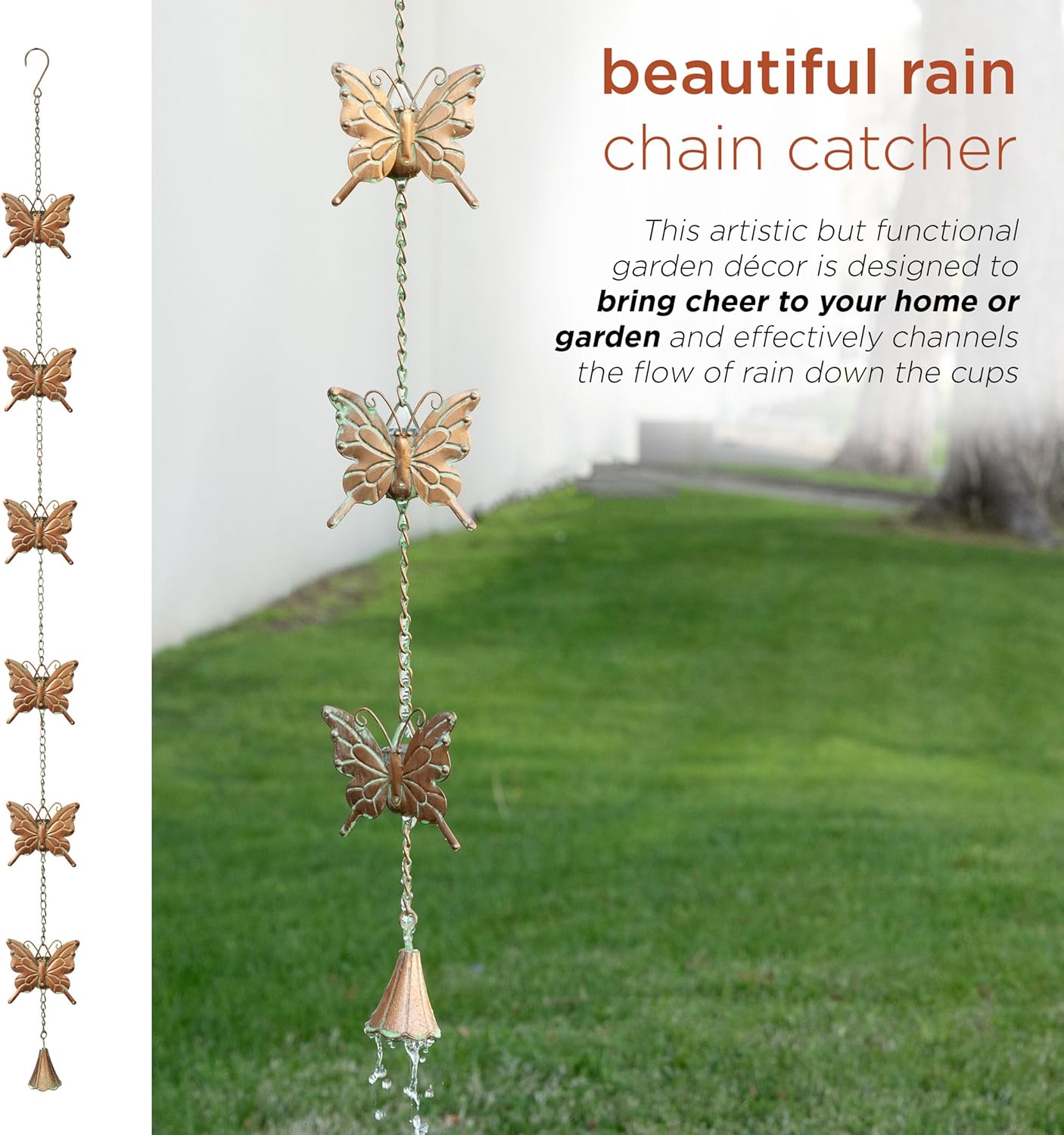 Alpine Corporation QES144HH Metal Hanging Butterfly Chain Rain Catcher, Stylish Décor for Garden, Patio, & Lawn, 55"H, Multicolor