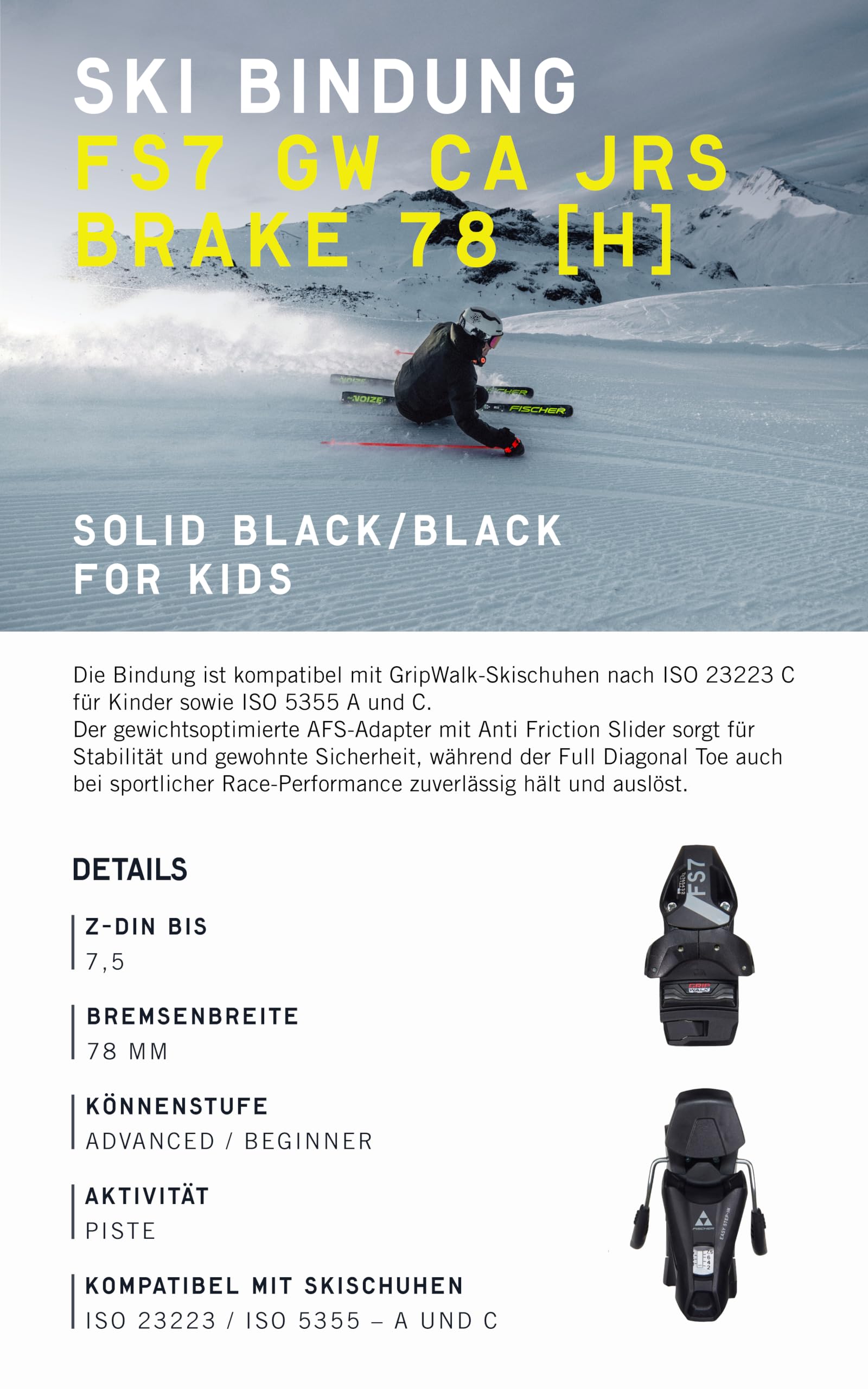 Fischer Kinder Skibindung FS7 GW CA JRS, Z-Wert 2-7,5, Schwarz