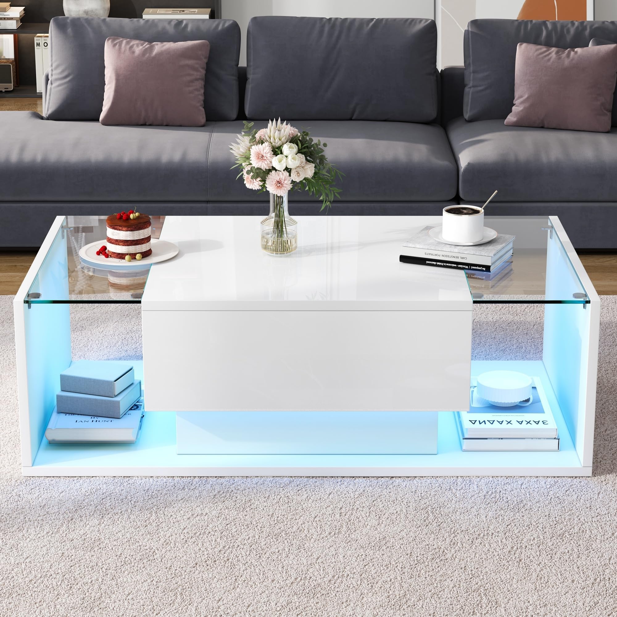 Merax LED Coffee Table with Storage, High-Gloss Glass Top Center Table with Drawer & Open Shelf, Low-Profile Sofa Side Console, White, 100x50x31cm