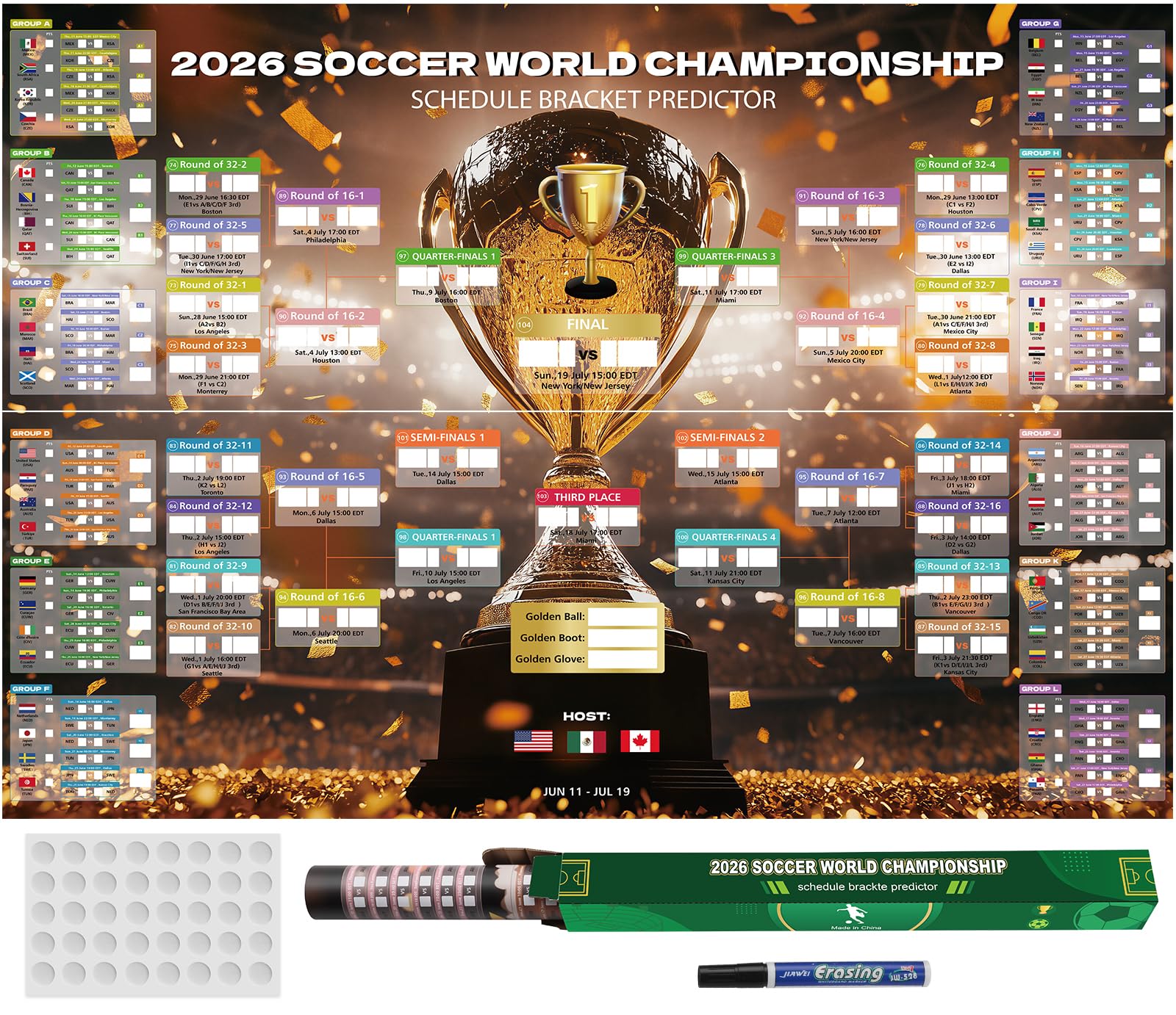 Photo 1 of Koncifun 2026 World Soccer Cup Extra Large Schedule Poster, 2 in 1 45.3" x 31.5" No Crease Soccer Calendar World Cup Schedule Football Tournament for Home Bar Party Decorations