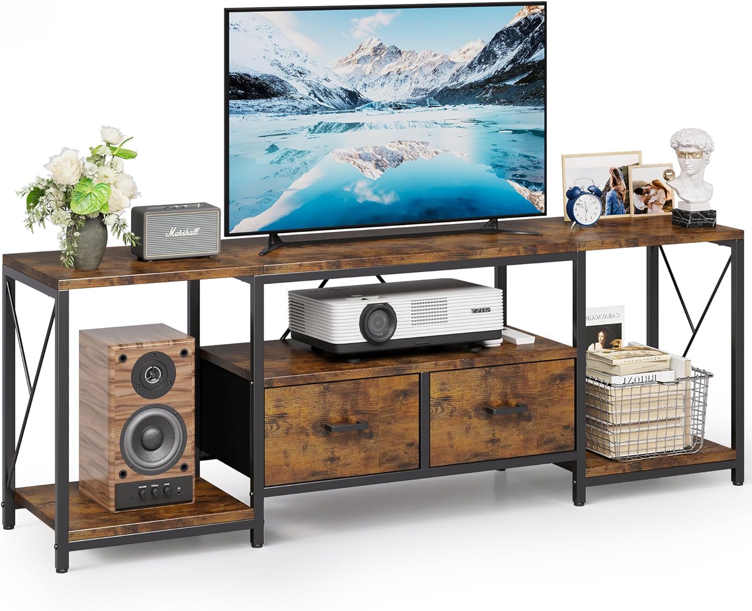Homeiju TV Stand for TVs up to 75 Inch, Entertainment Center with Fabric Drawers, TV Media Console Table with Open Storage Shelves for Living Room, Bedroom, Rustic Brown - Image 9