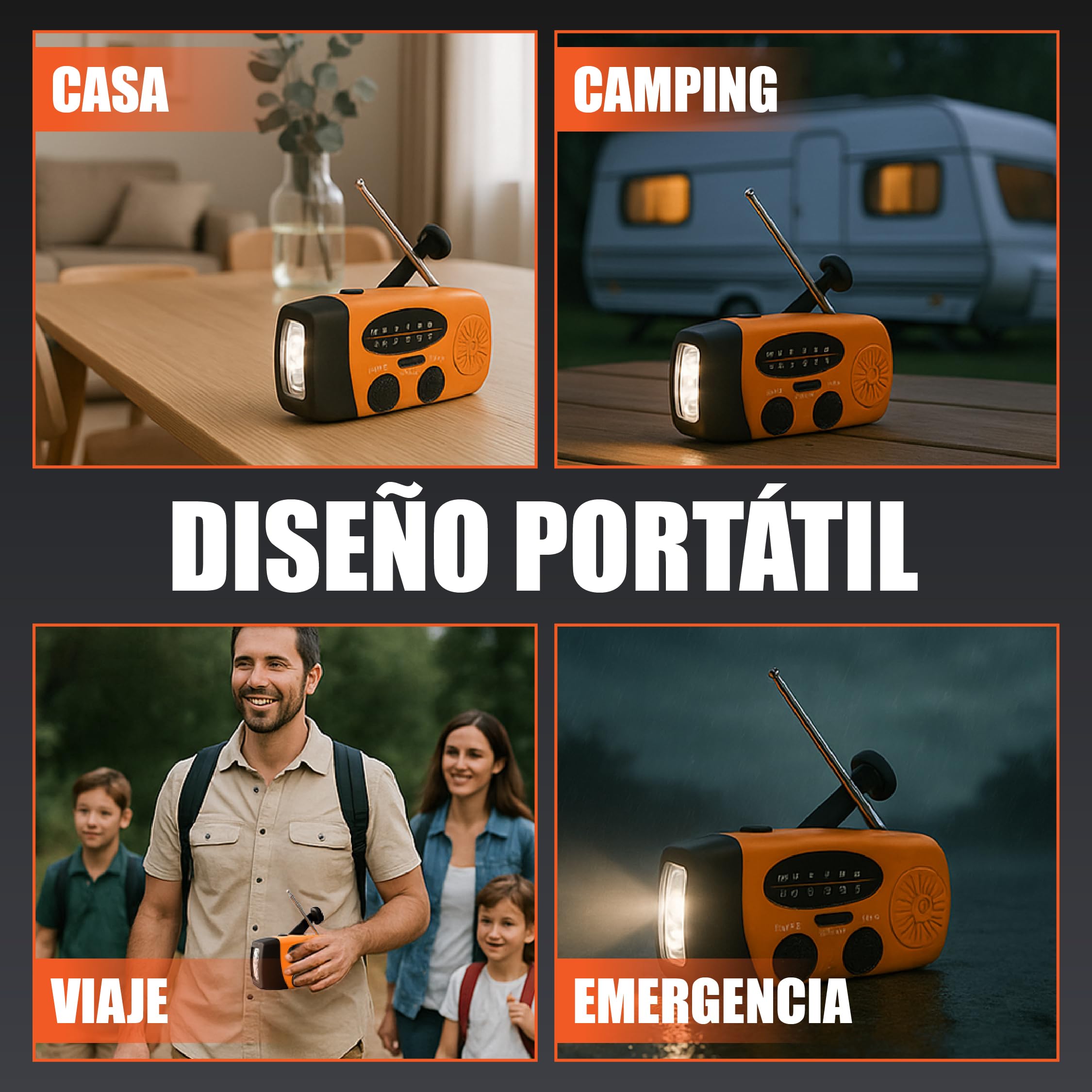 Radio Solar de Emergencia con Manivela, Linterna LED, Power Bank USB, Radio Am/FM Recargable, Dinamo Portátil para Camping, Supervivencia, SOS + Tarjeta Multiherramienta