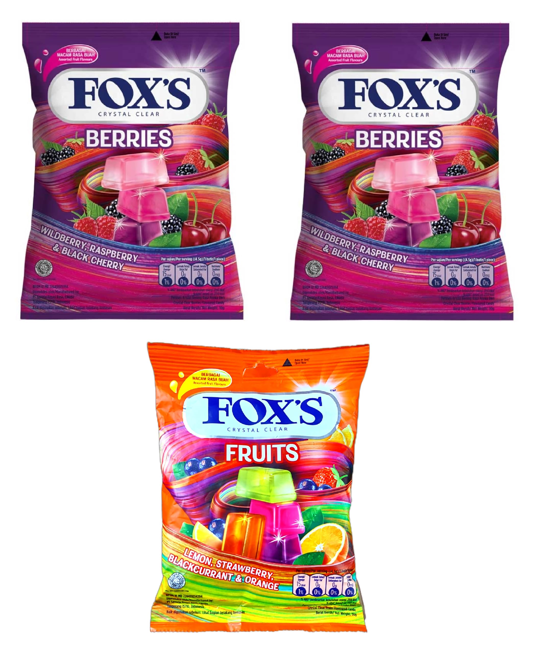 Fox's Crystal Clear Berries Candy Pouch Pack Of 2, Fruits Candy Pouch Pack of 1, (90g x 3 Packs)