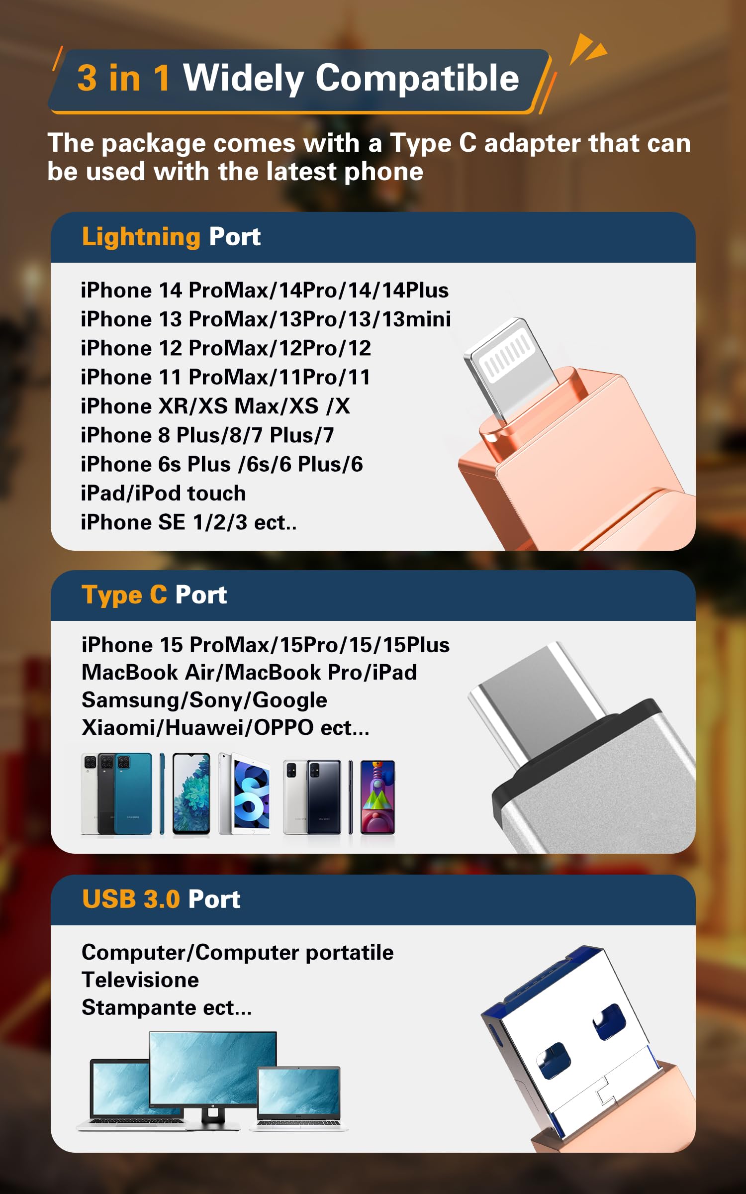 Patianco Chiavetta USB per iPhone 256GB [MFi Certified] USB 3.0 Pendrive per Lightning Chiave USB C Memoria Stick 3 in 1 Backup Rapido con un Clic per OTG Android/Mac/PC/Type C-iPhone/iPad(256GB,Rosa)