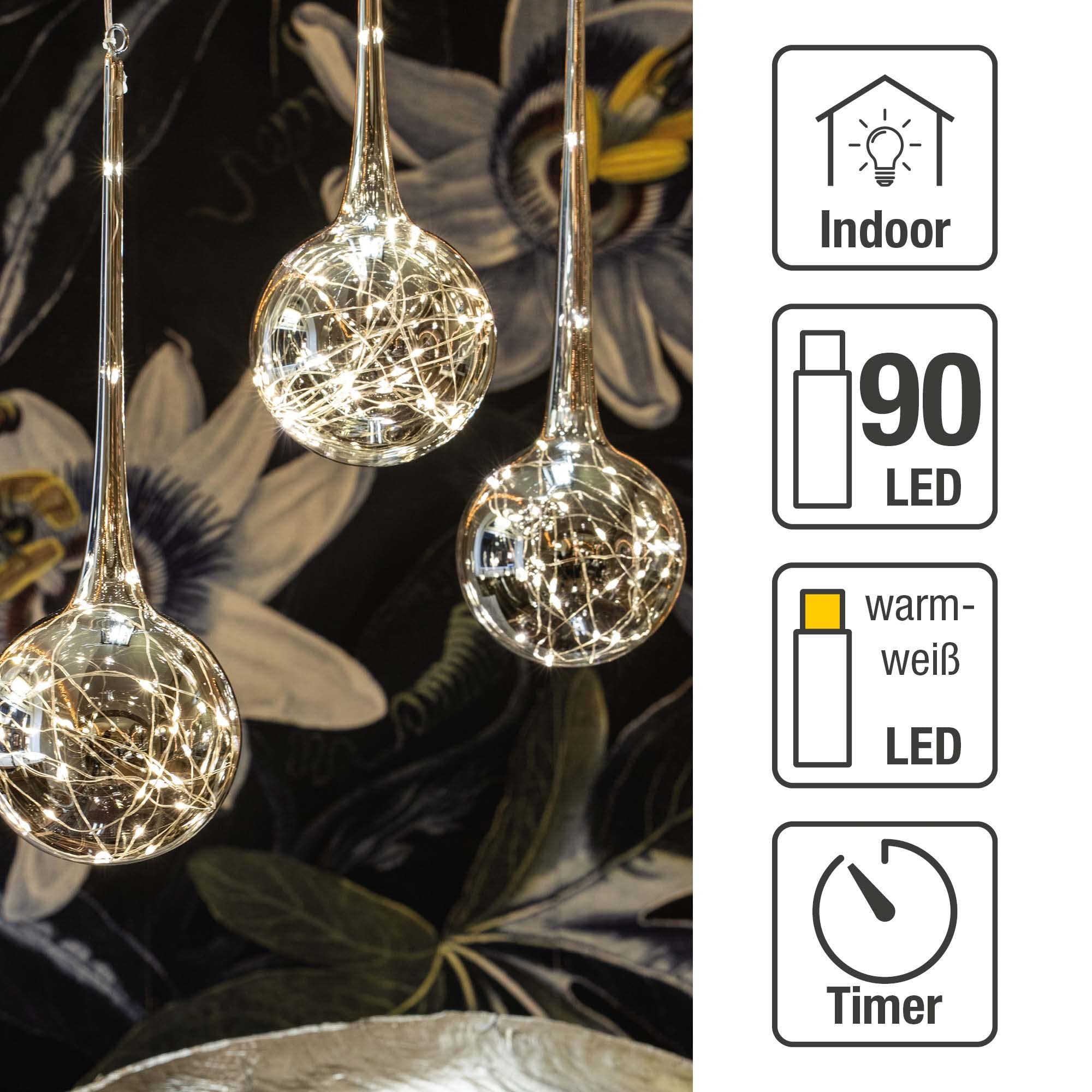 hellum LED Glaskugel hängend mit Lichterkette mit Timer und Fernbedienung, 3er set Glaskugel < 59lm, mit 3x30 warmweiße LED, rauchgraues Licht H40 ø13cm, 59 lm, Dekoration Licht, 578782 | Glaskugeln rauchgrau & Kupferdraht Tauperlen Licherkette 3x90 LED,