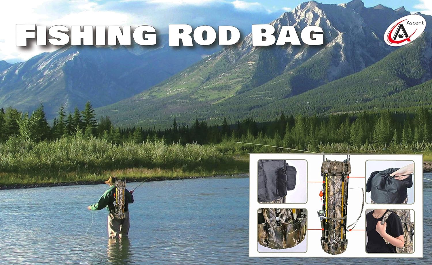 Fisherman's Gift Fishing Rod Carrier - Reel Organizer and Tackle Bag in Gift Box - Holds Five Poles and Tackle for Fishermen, Dads, Boys (Camo)