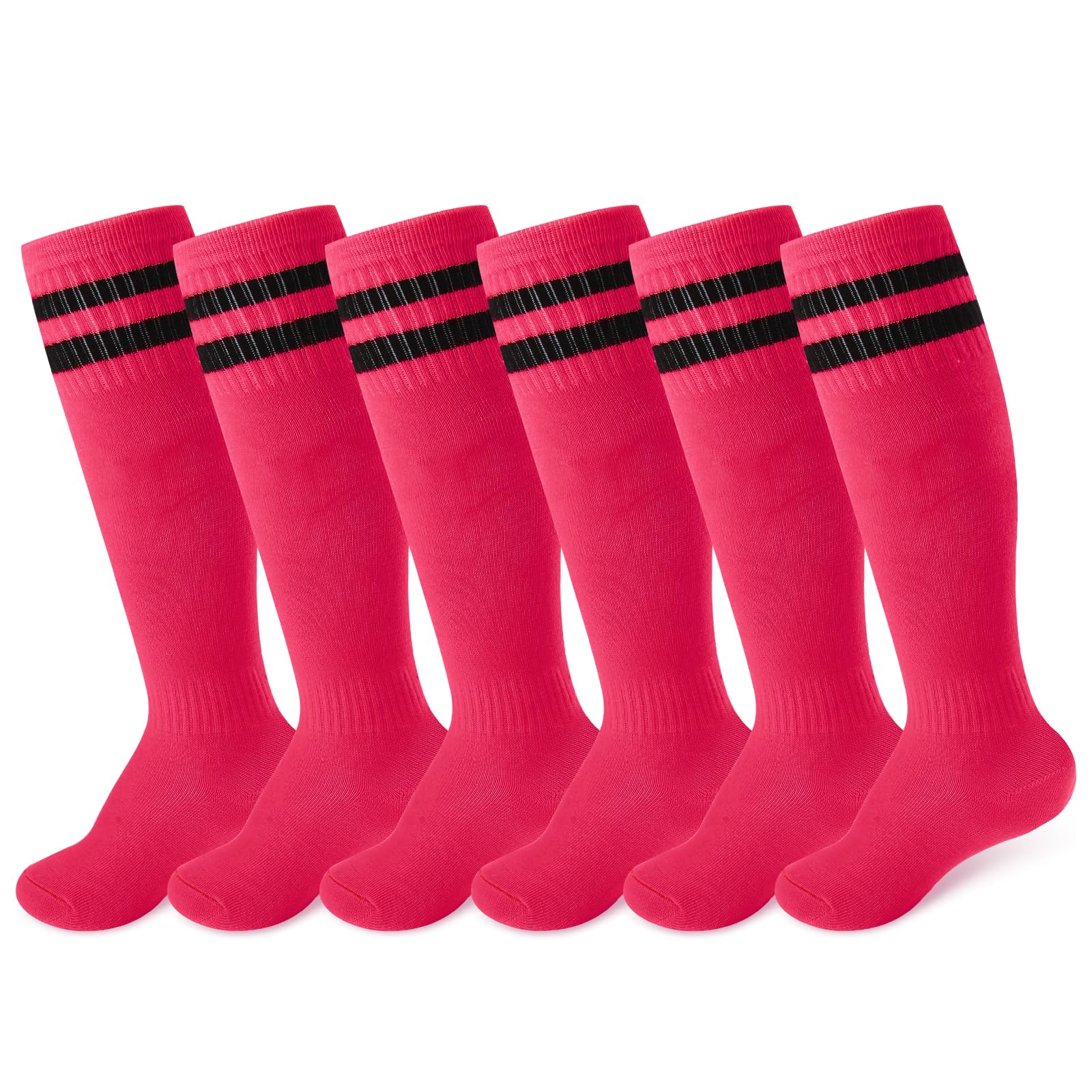 Unittype 6 Pairs Kids Toddler Soccer Socks Youth Stripes Football Socks Christmas Gift for Boys Girls 4-14 Years Old(Hot Pink, Medium)