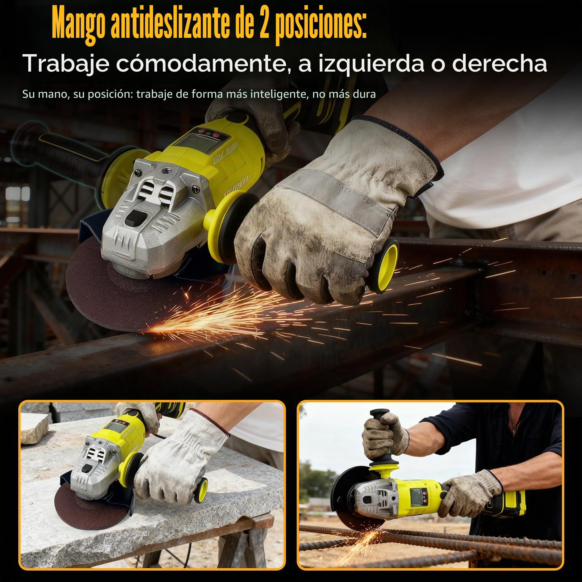 DEWINNER Amoladora angular a batería 21V, Ø 125 mm, 3 Velocidades, capaz de girar 90° hacia la izquierda o hacia la derecha,Amoladora Angular Eléctrica sin Escobillas,para Crtar y Amolar con Precisión