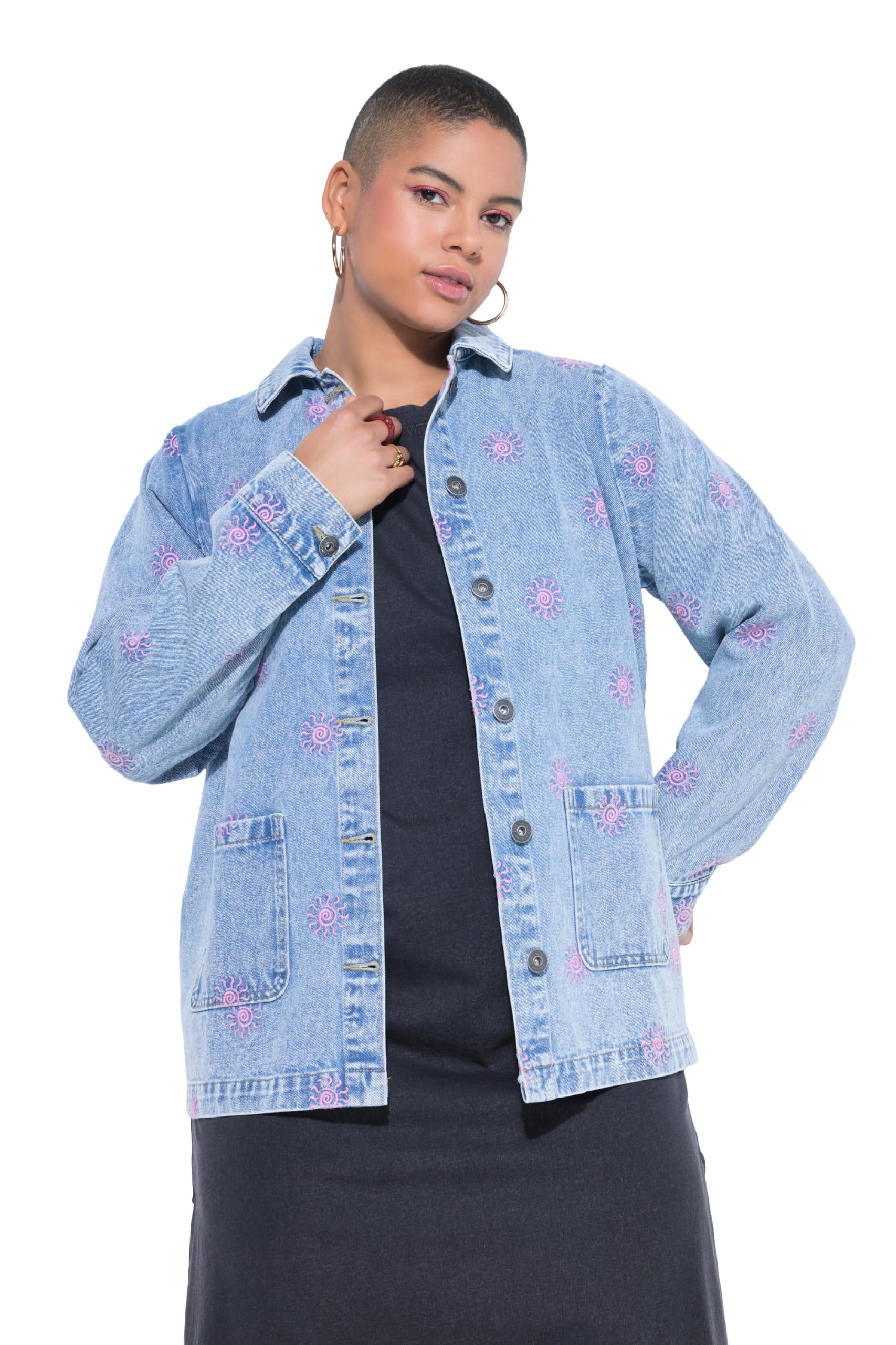 Studio Untold Damen große Größen Übergrößen Plus Size Jeansjacke, Boxy Shape, Sun-Stickerei, Langarm 849586
