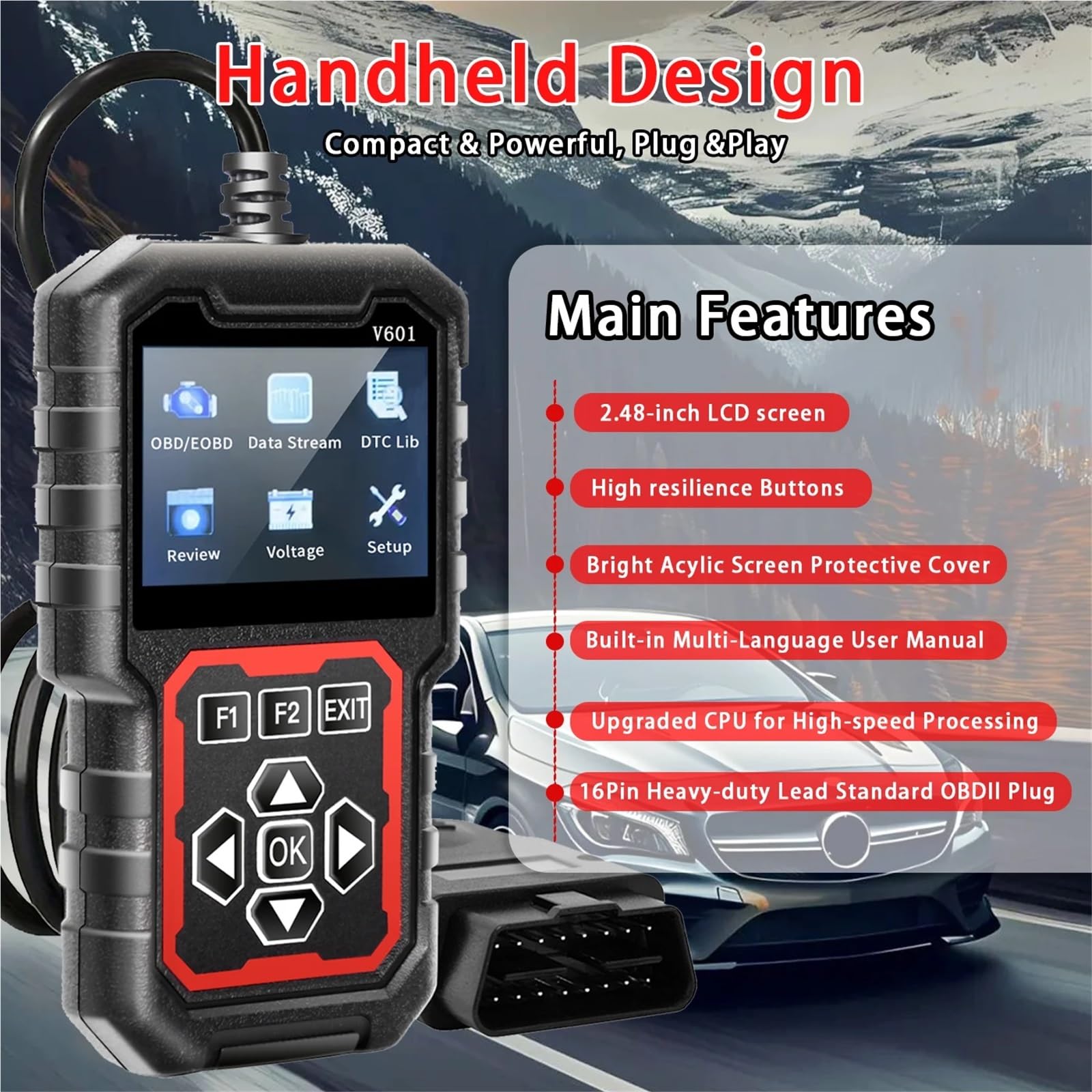 Professional Obd2 Scanner, Car Fault Code Reader Diagnosis Tool That Supports Obd Ii Protocols Starting, Reading and Clearing, Battery Testing, No Power Supply Required, USB