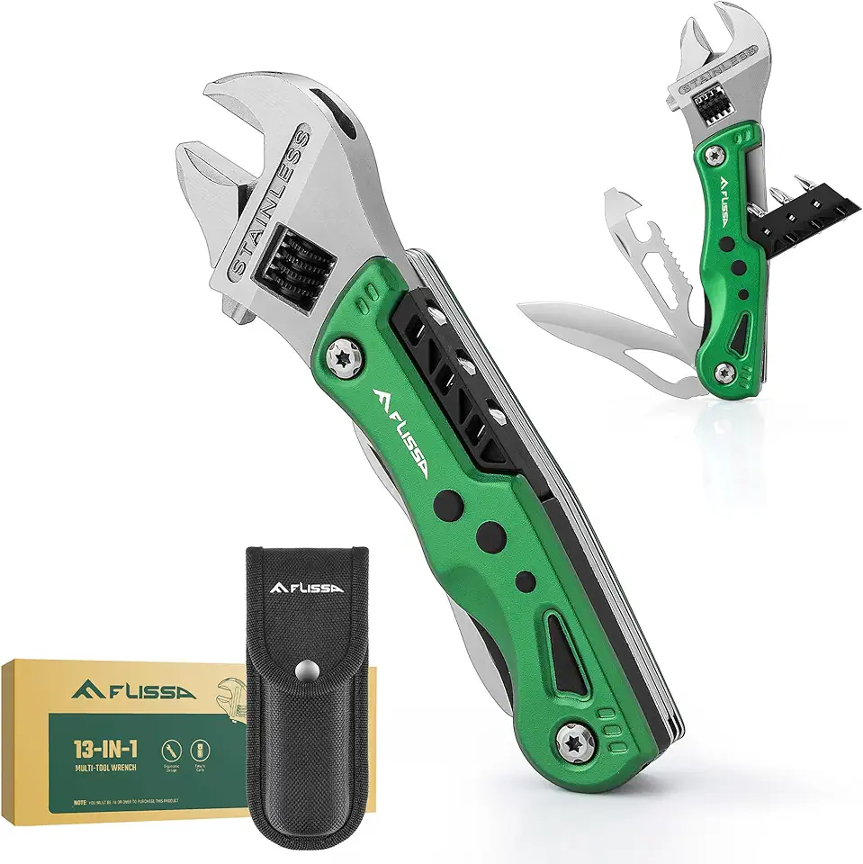 FLISSA Multi-Tool Wrench 13 in 1 Multi-Tool Adjustable Wrench with Bag Stainless Steel Multi-Tool Multitool Knife for Outdoor Camping Hiking Repair