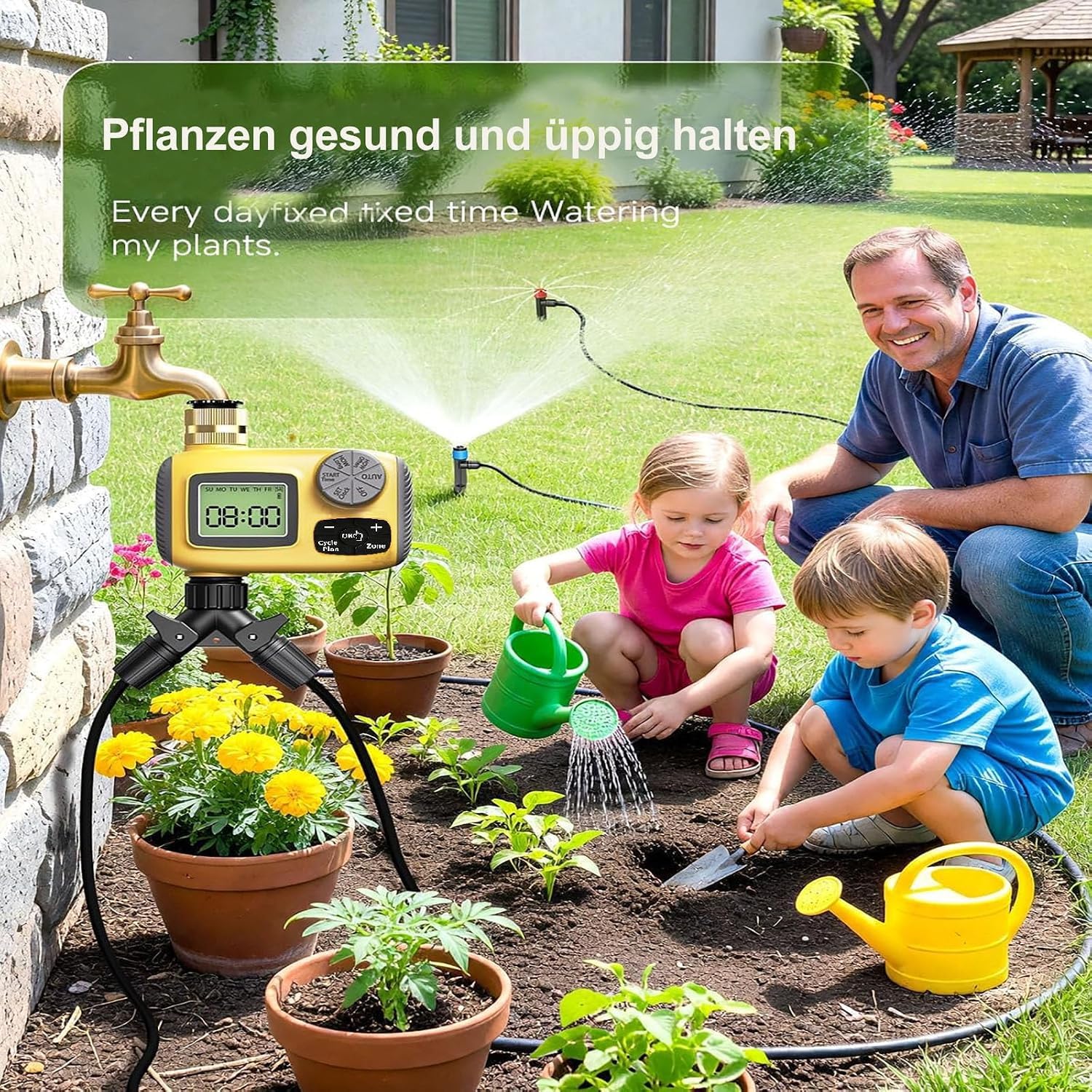MQUPIN Ordenador de riego, 2 salidas, conexiones de latón | Temporizador de agua LCD con retardo de lluvia, protección para niños, IP55, doble zona, para jardín, césped, huertos