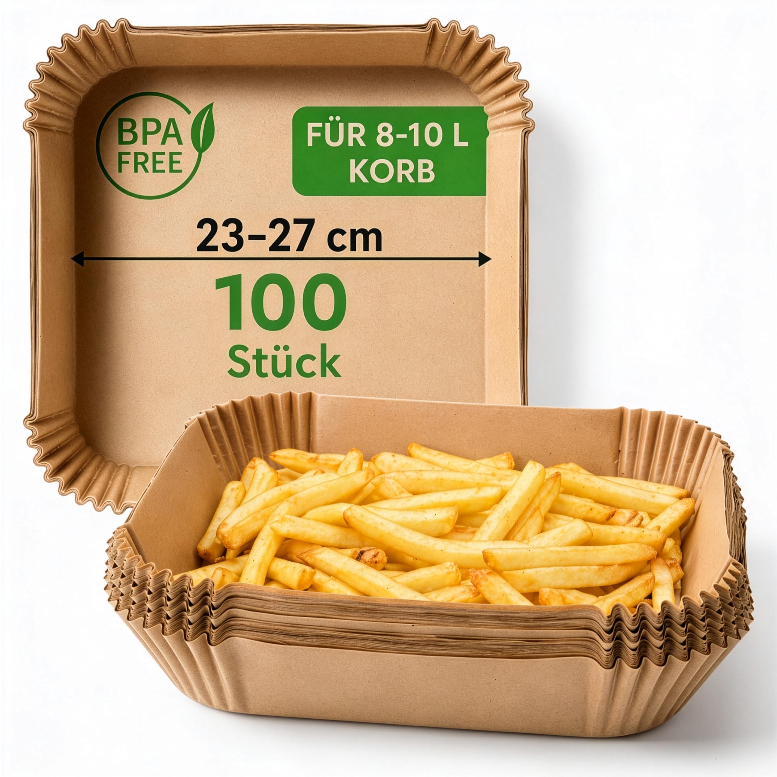 LEHMANN 100 sztuk papieru do pieczenia do frytkownicy na gorące powietrze z koszem o pojemności 4,5–8 l, kwadratowy 23–27,4 cm, nieprzywierający i odporny na olej, papier do pieczenia do frytkownicy