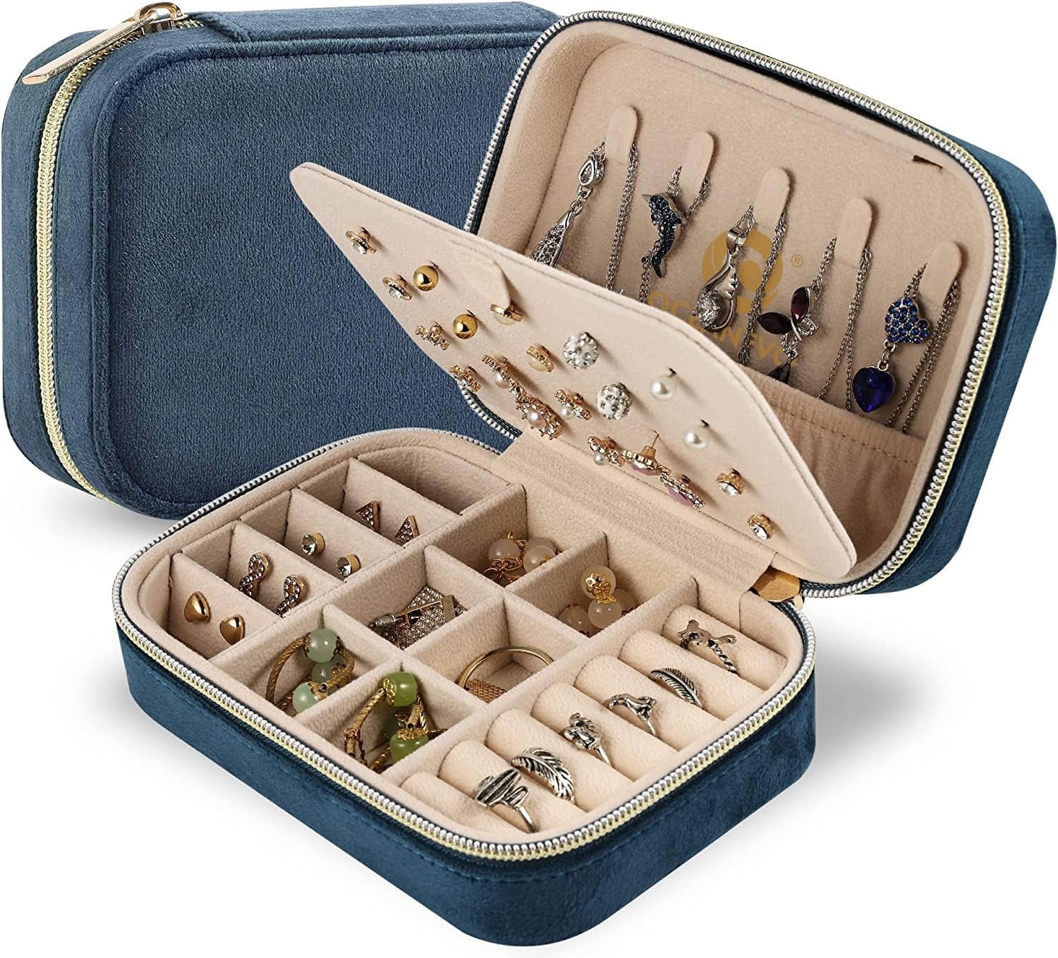 OCEANEVO Velvet Jewellery Box for Women, Travel Earrings Organiser Box, Portable Jewellery Box Organisers for Rings, Earrings, Bracelets, Necklaces - 16 x 11 x 5 CM - Navy Blue - 2 Layer